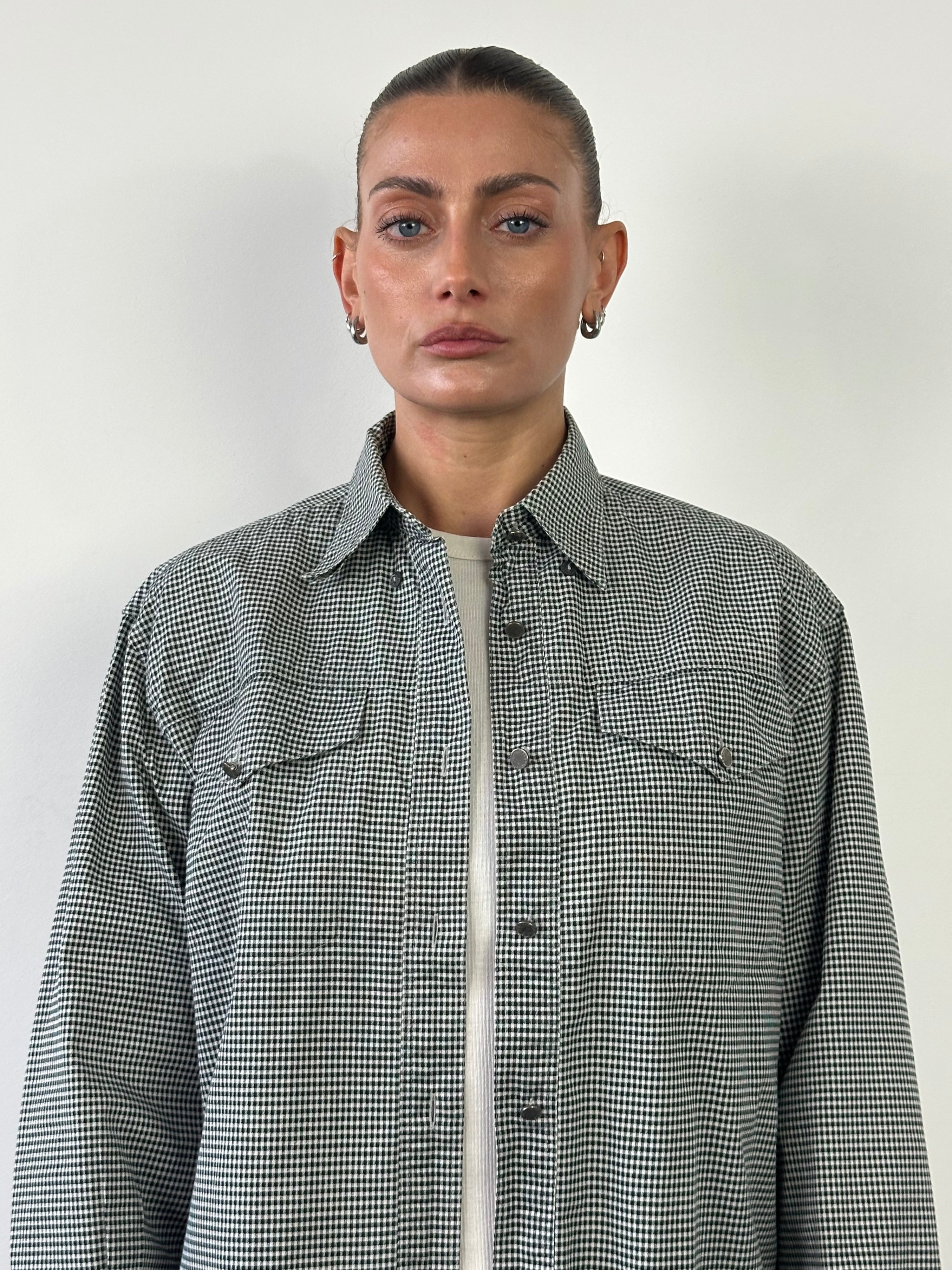 Versace Jeans Couture gingham pure cotton logo shirt in size M, featuring a classic checkered pattern and brand logo detail.