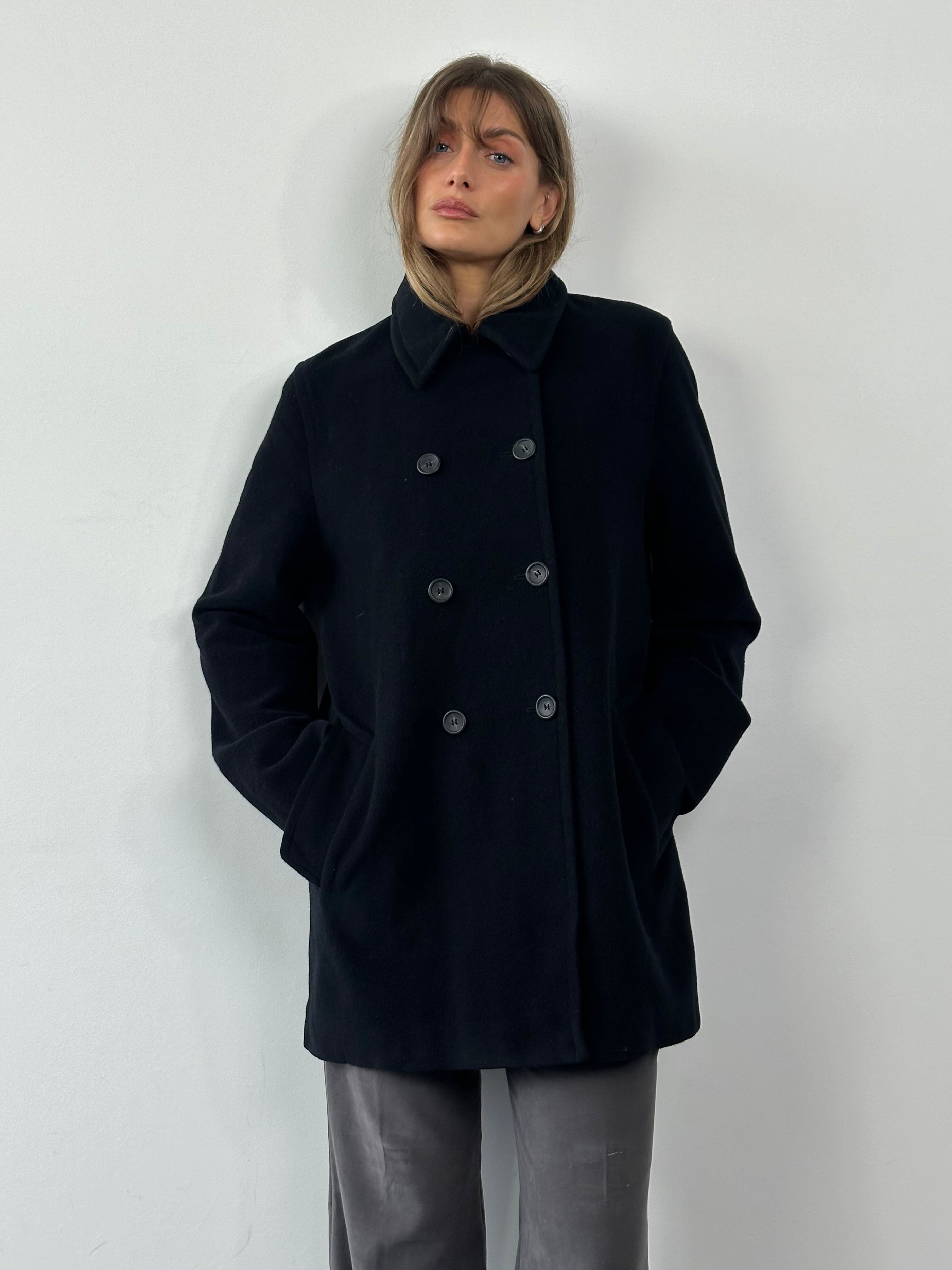 MAX & Co pure virgin wool double-breasted coat in size L, shown on a hanger with a classic tailored design and neutral color.