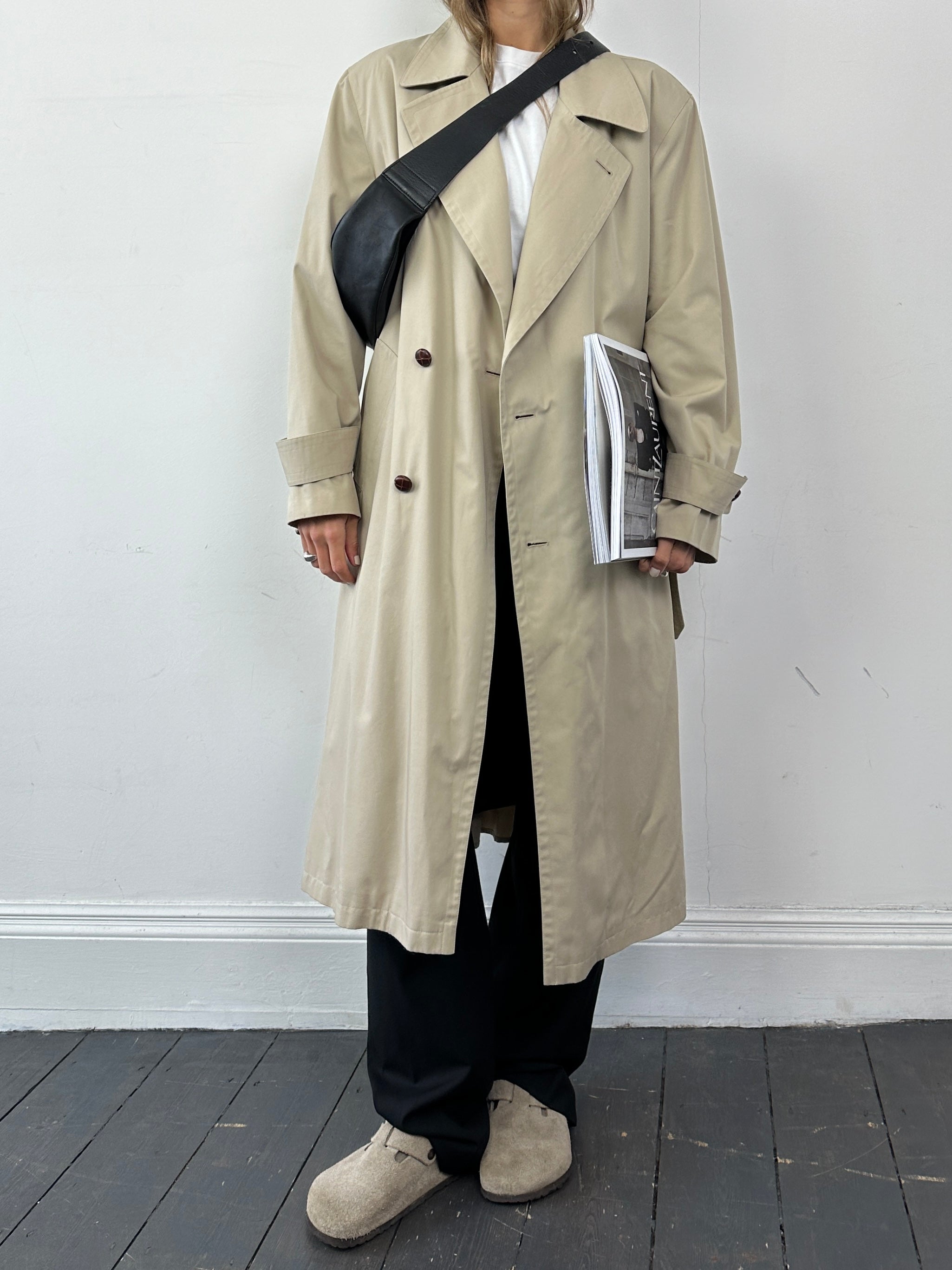 Vintage Italian cotton double-breasted belted trench coat in XL, stylish and classic with a timeless design and belted waist.