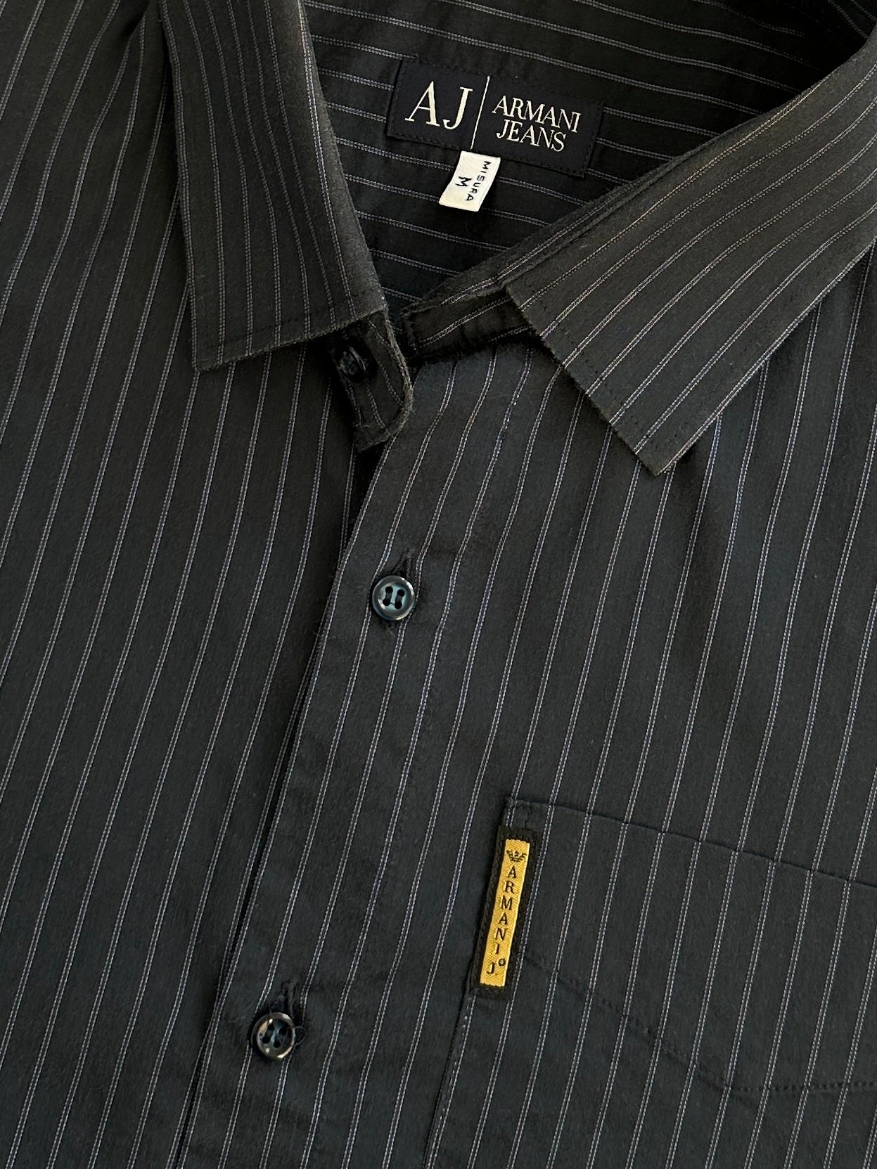Armani Jeans men's stripe cotton logo shirt in size M, featuring a classic design with brand logo and colorful striped pattern.