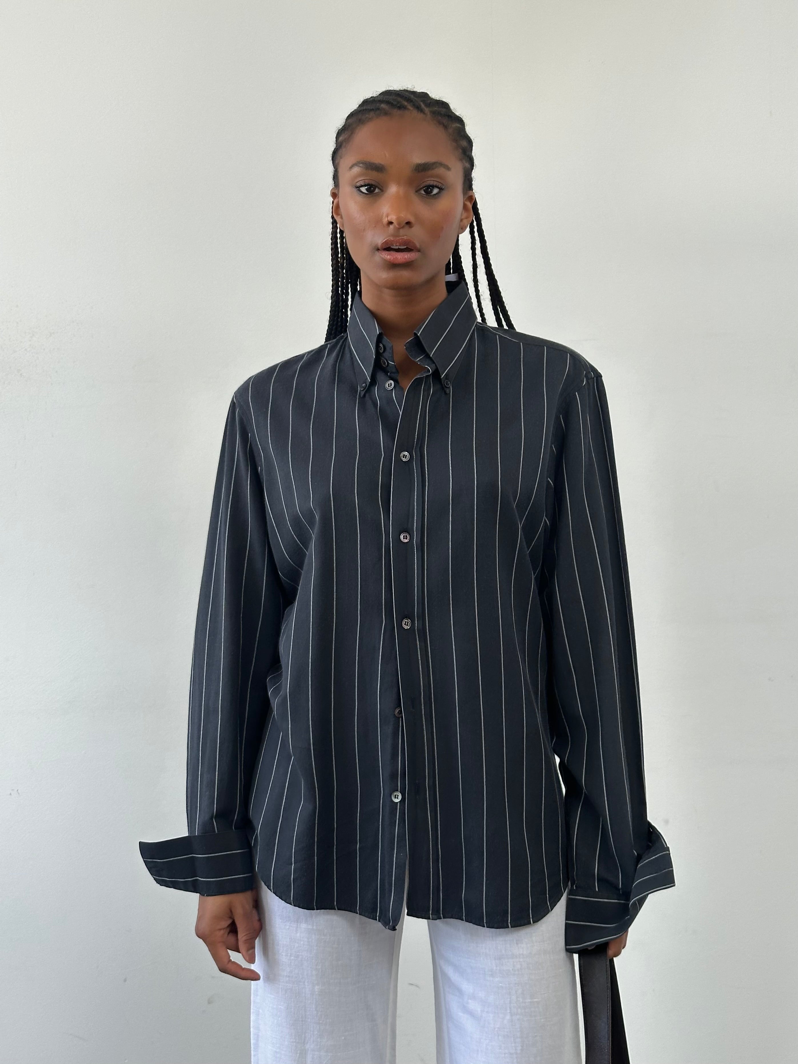 Versace Versus 2000s stripe cotton shirt in size M/L, featuring bold colorful horizontal stripes and classic button-up design.