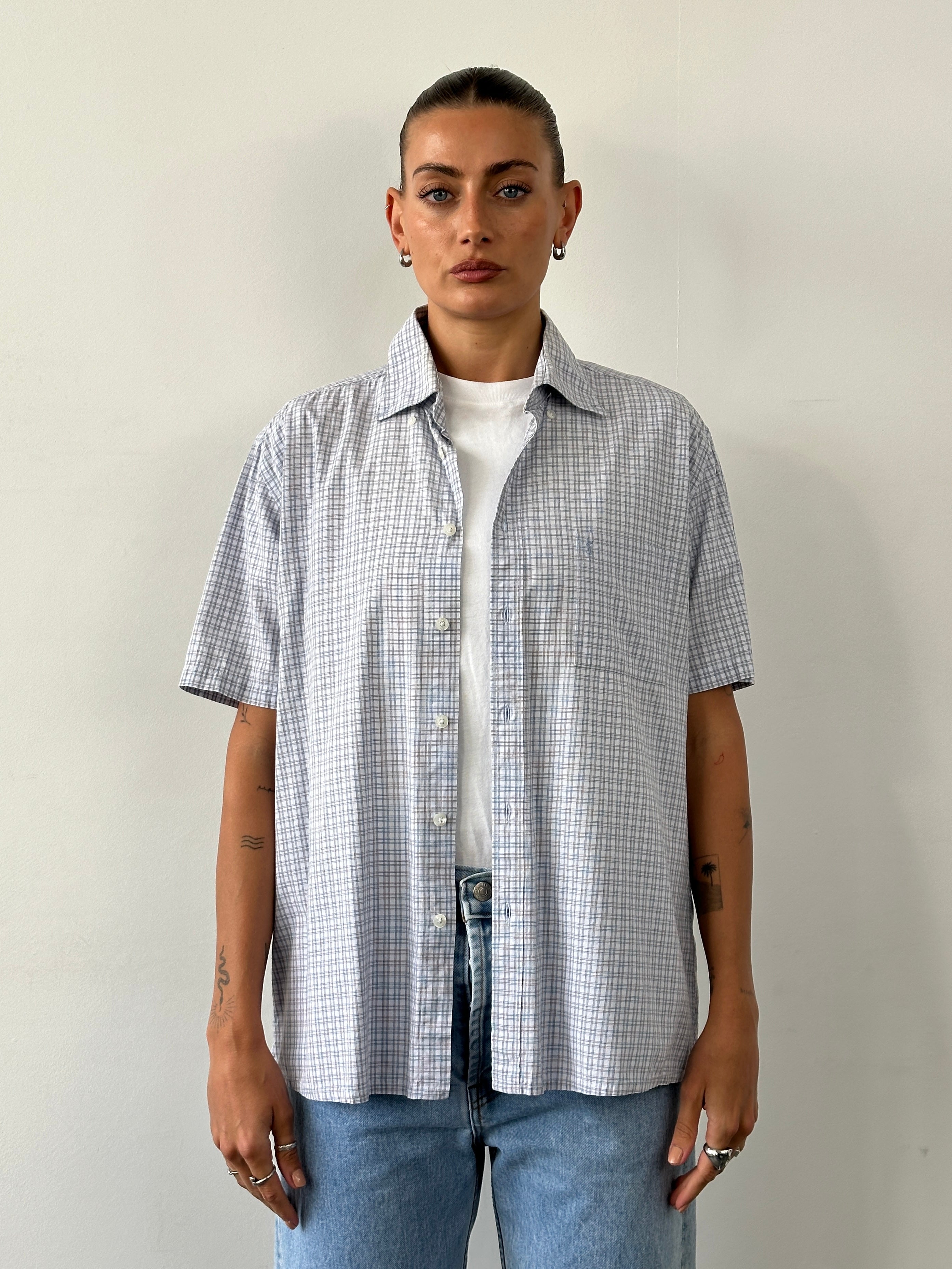 Yves Saint Laurent Pour Homme check pure cotton shirt in size L, featuring a classic 2000s plaid design and button-down collar.