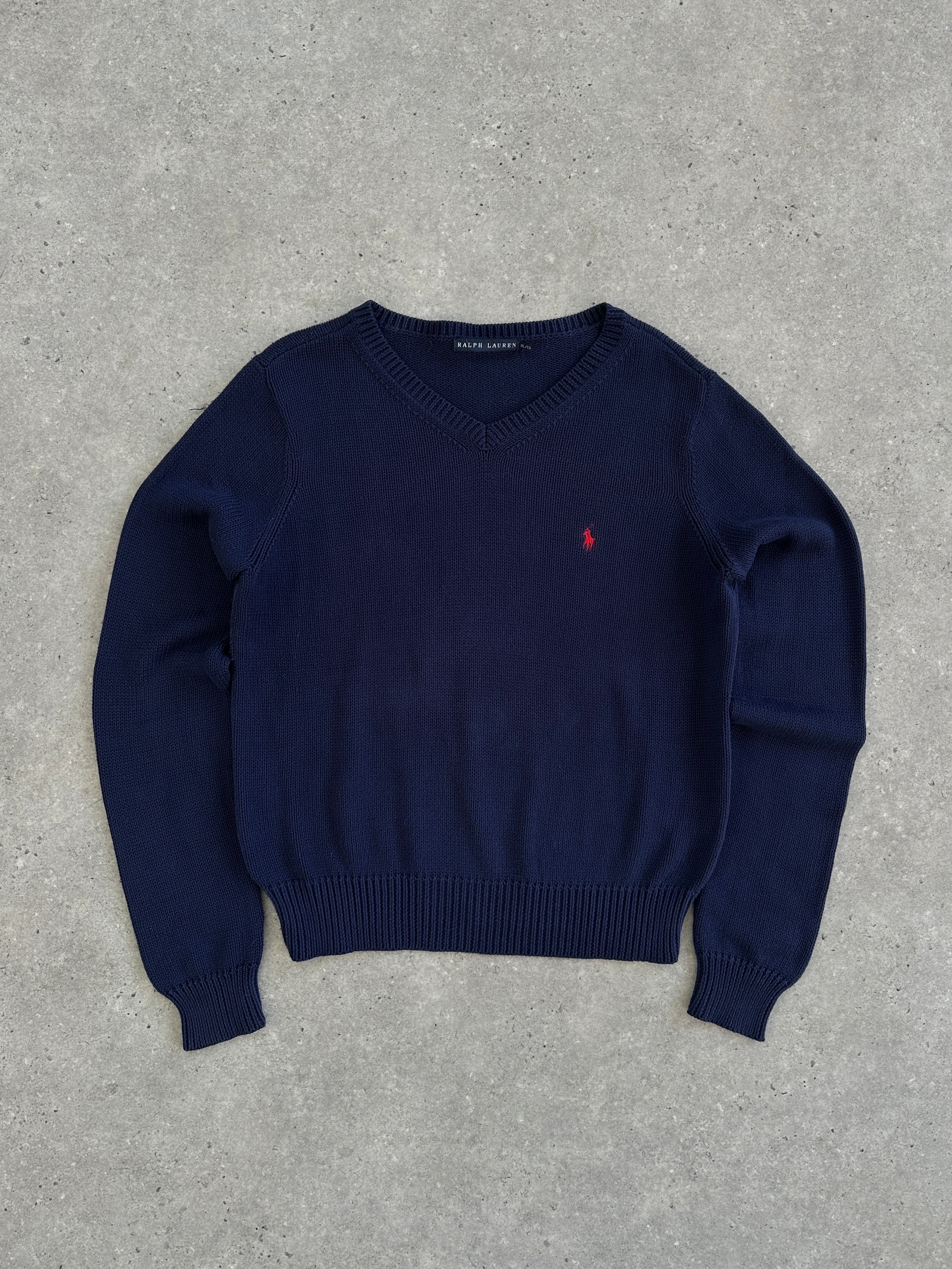 Ralph Lauren Polo cotton knitted logo jumper in size M/L, featuring a classic design and embroidered logo on the chest.