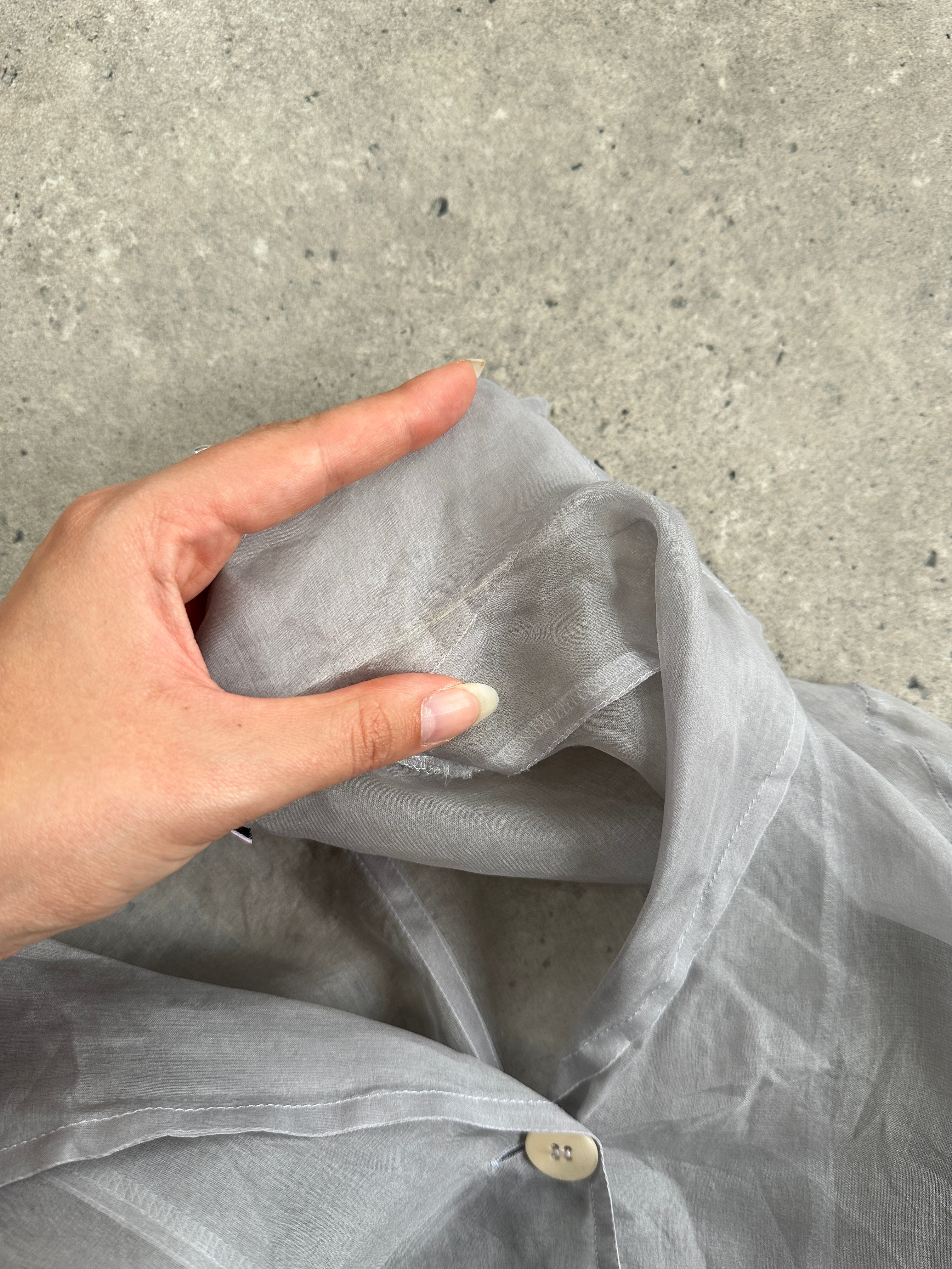 MAX & Co sheer organza shirt in size S, featuring lightweight, transparent fabric with a classic collar and button-down front.