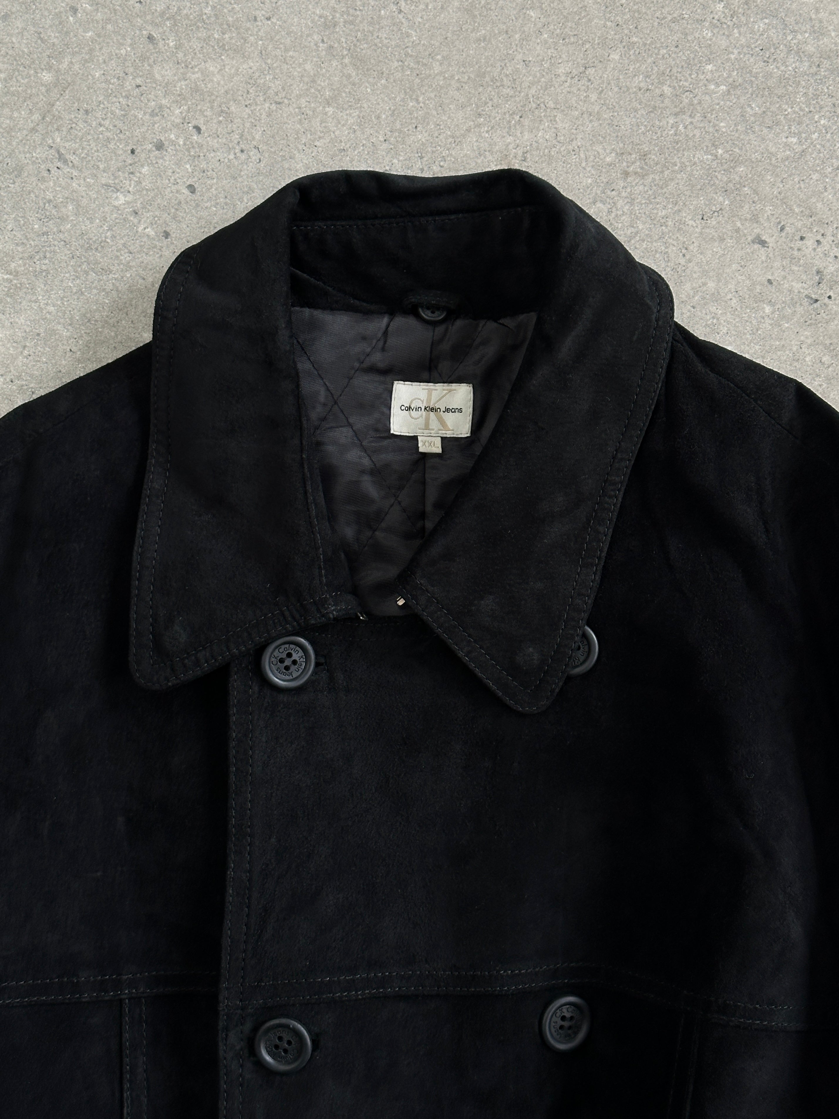 Calvin Klein CK 1990s suede belted trench coat in XXL, featuring classic leather jacket design with belt and tailored fit.
