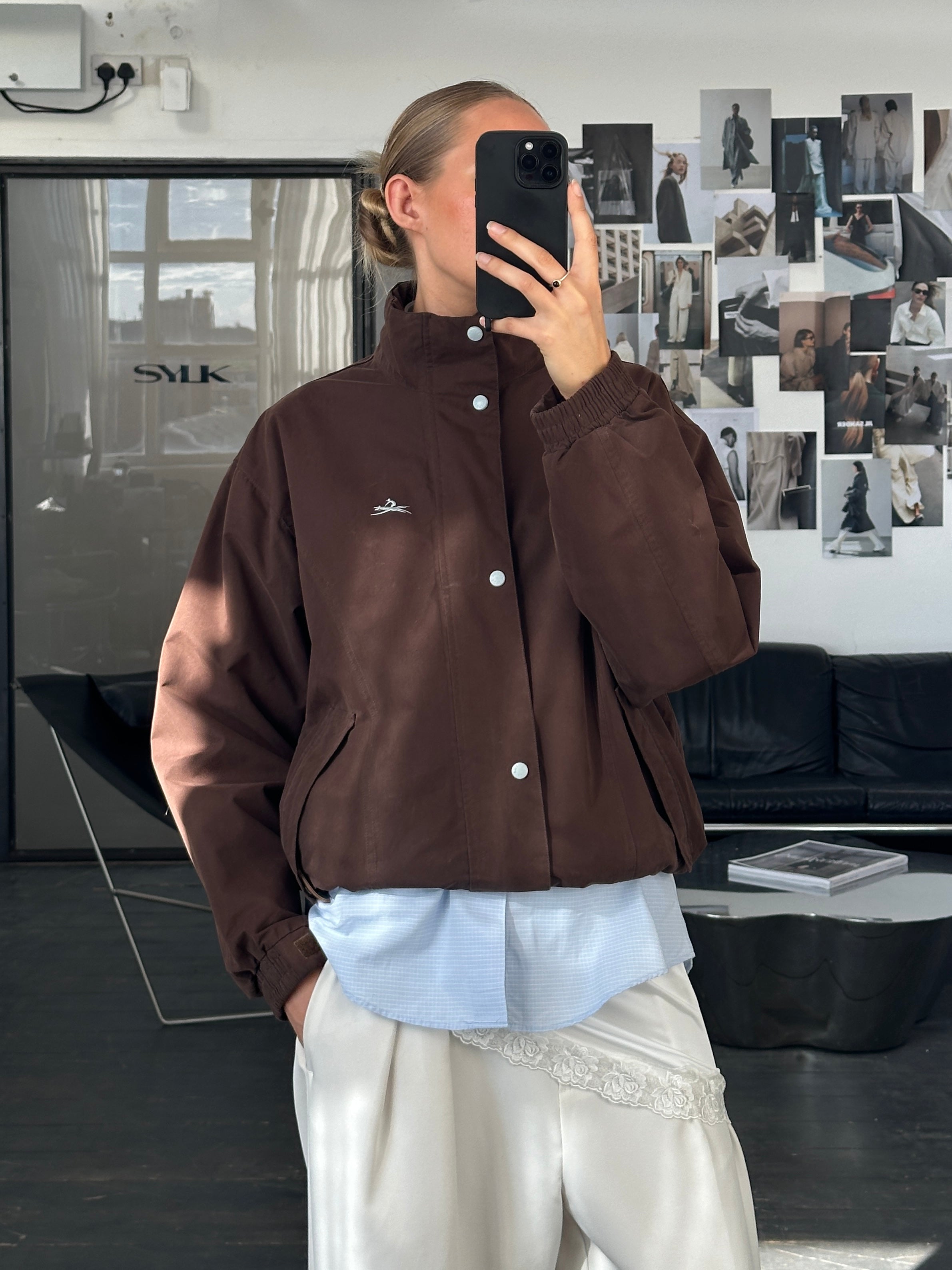 Vintage 2000s double zip boxy bomber jacket, M/L size, featuring a retro style with dual front zippers and a cropped fit.