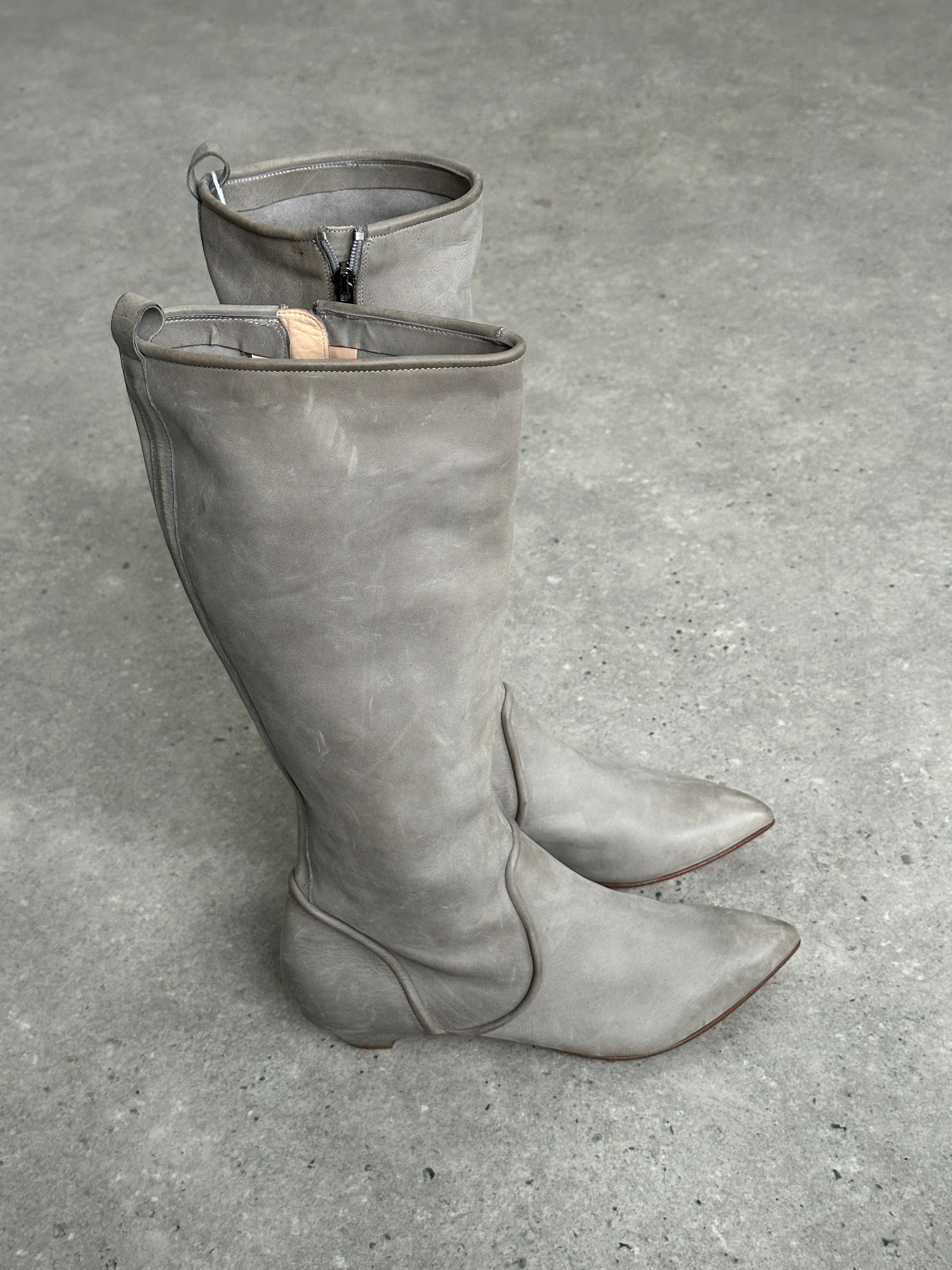 Italian vintage nubuck leather knee boots by Vintage, UK size 3.5, EUR size 4.5, shown in natural profile view.