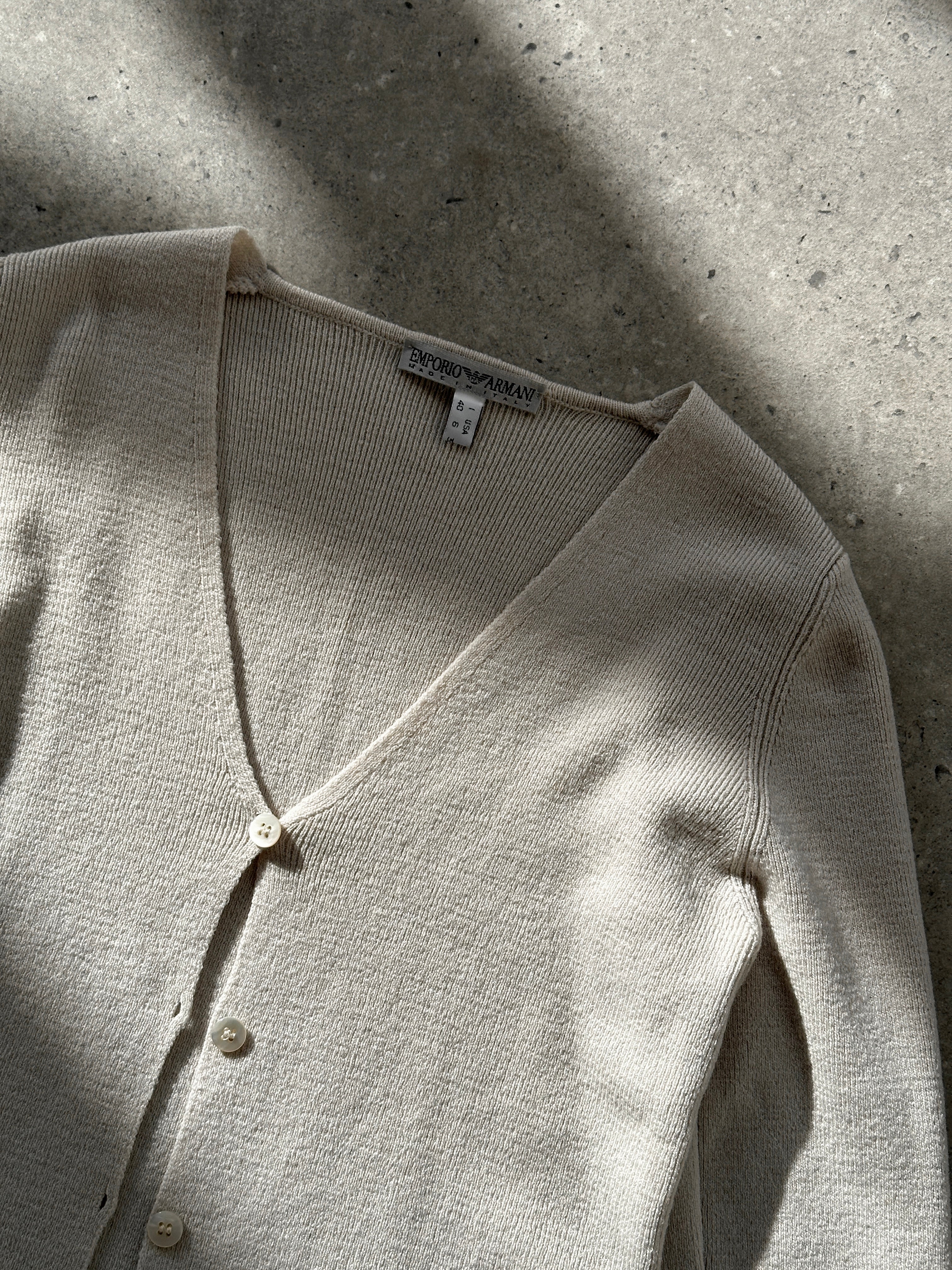 Emporio Armani merino wool cardigan in XXS/XS, gray color, featuring a button-up front and ribbed cuffs.