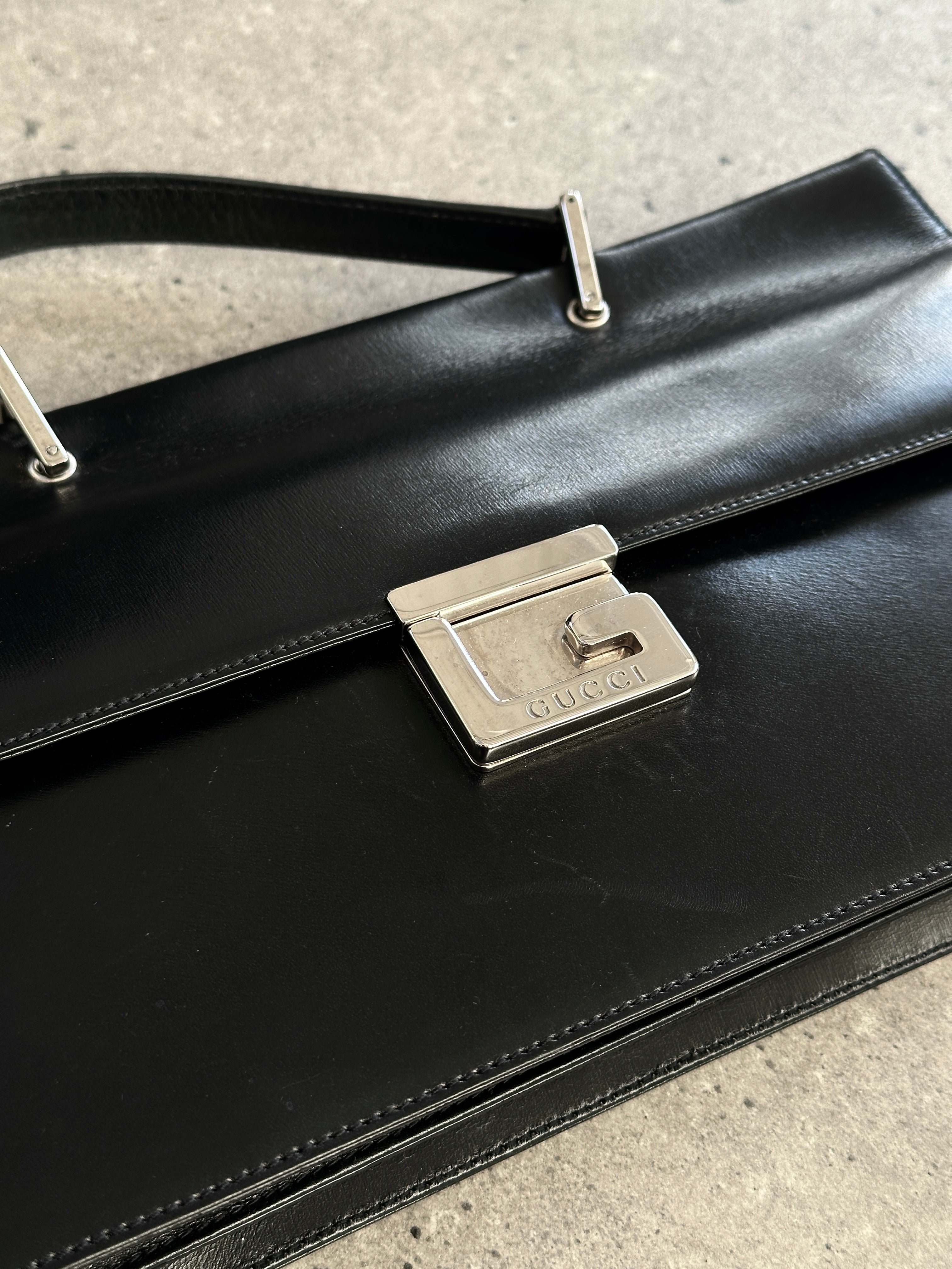 Gucci 1990s Tom Ford Square G leather handbag with structured design and gold-tone hardware.