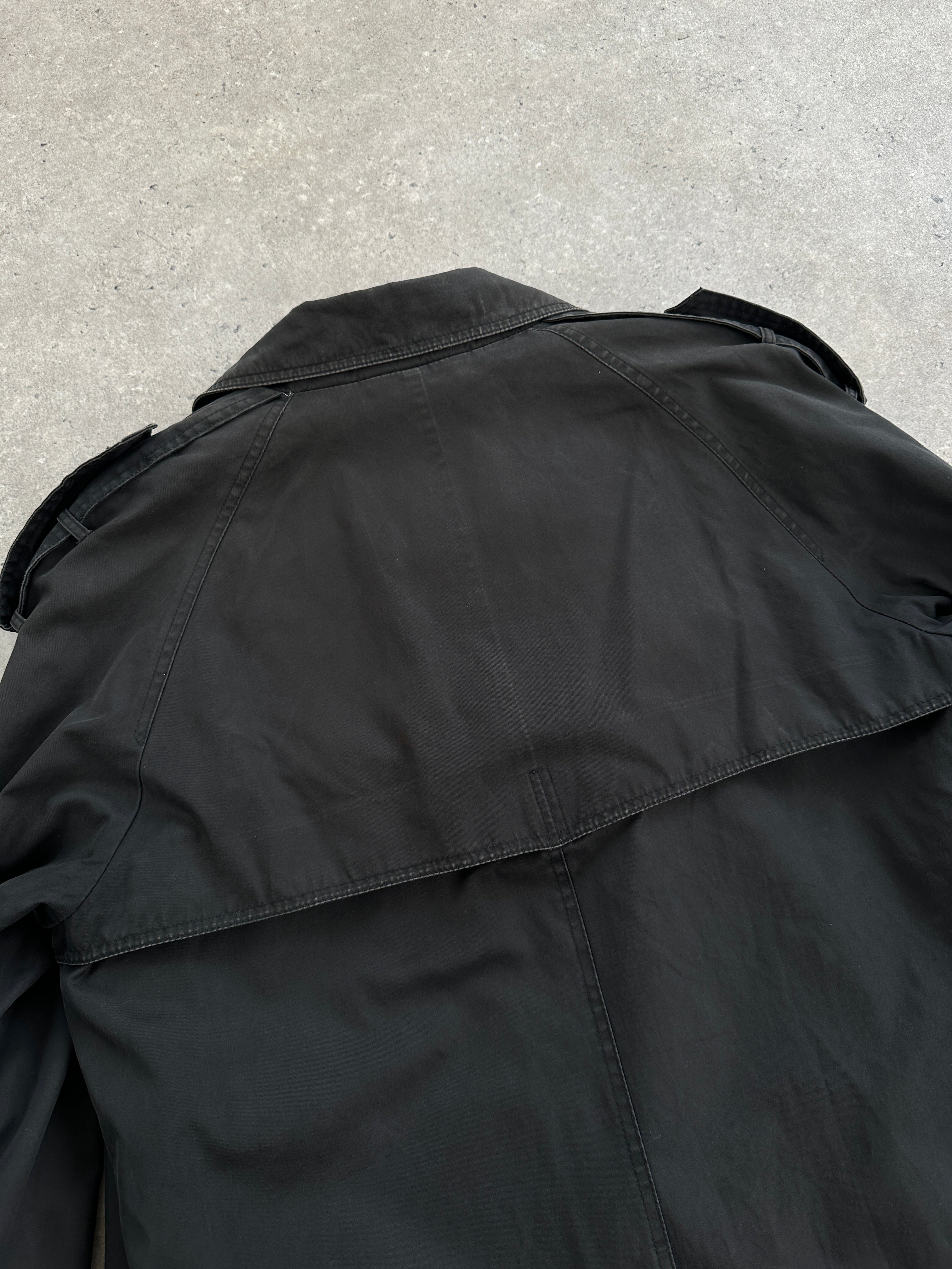 Yves Saint Laurent cotton double-breasted belted coat in XL, showing front view with classic lapels and tailored fit.