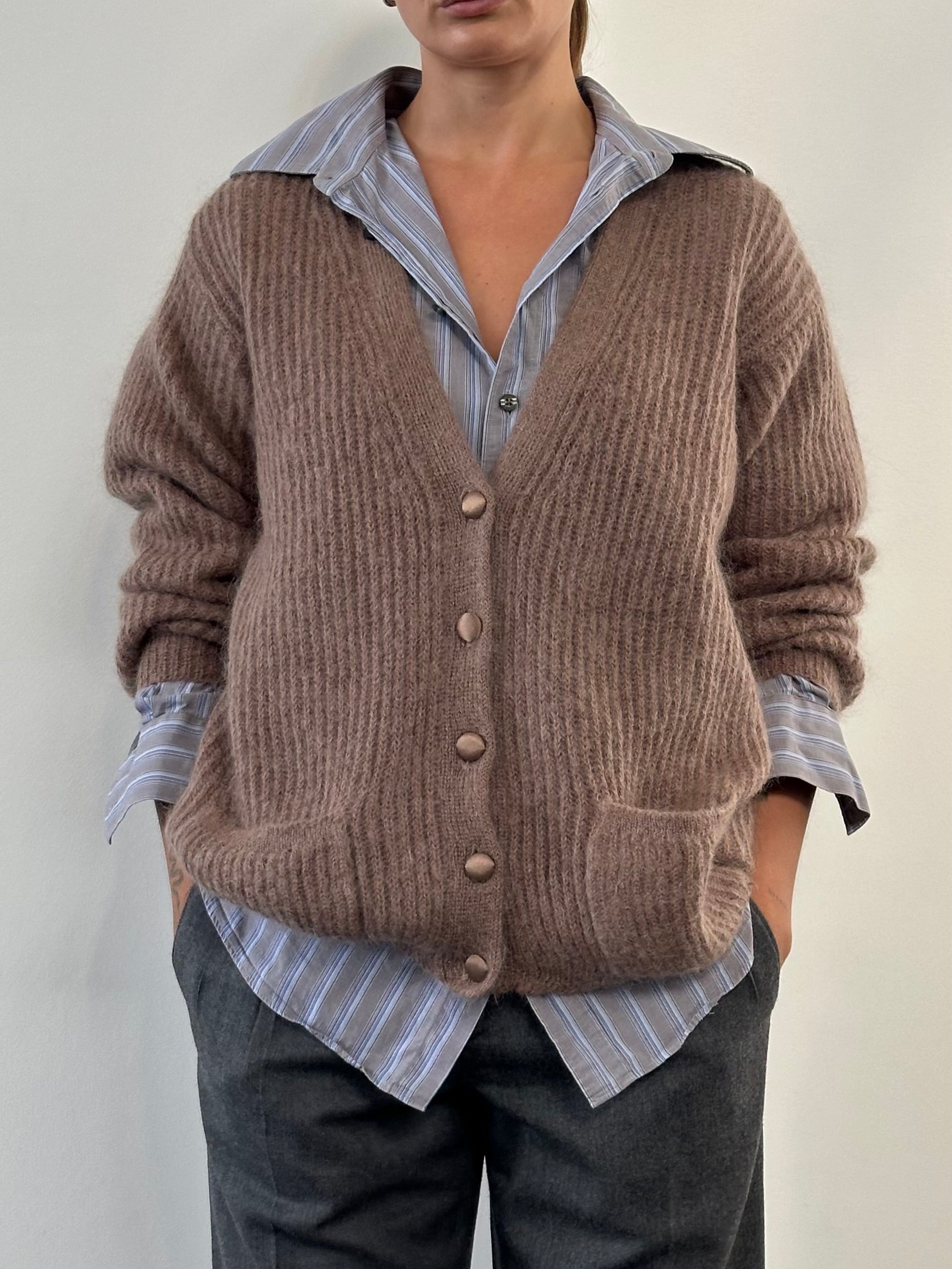 Vintage Italian fuzzy mohair cardigan in size L, featuring a cozy, textured knit with a classic vintage style.