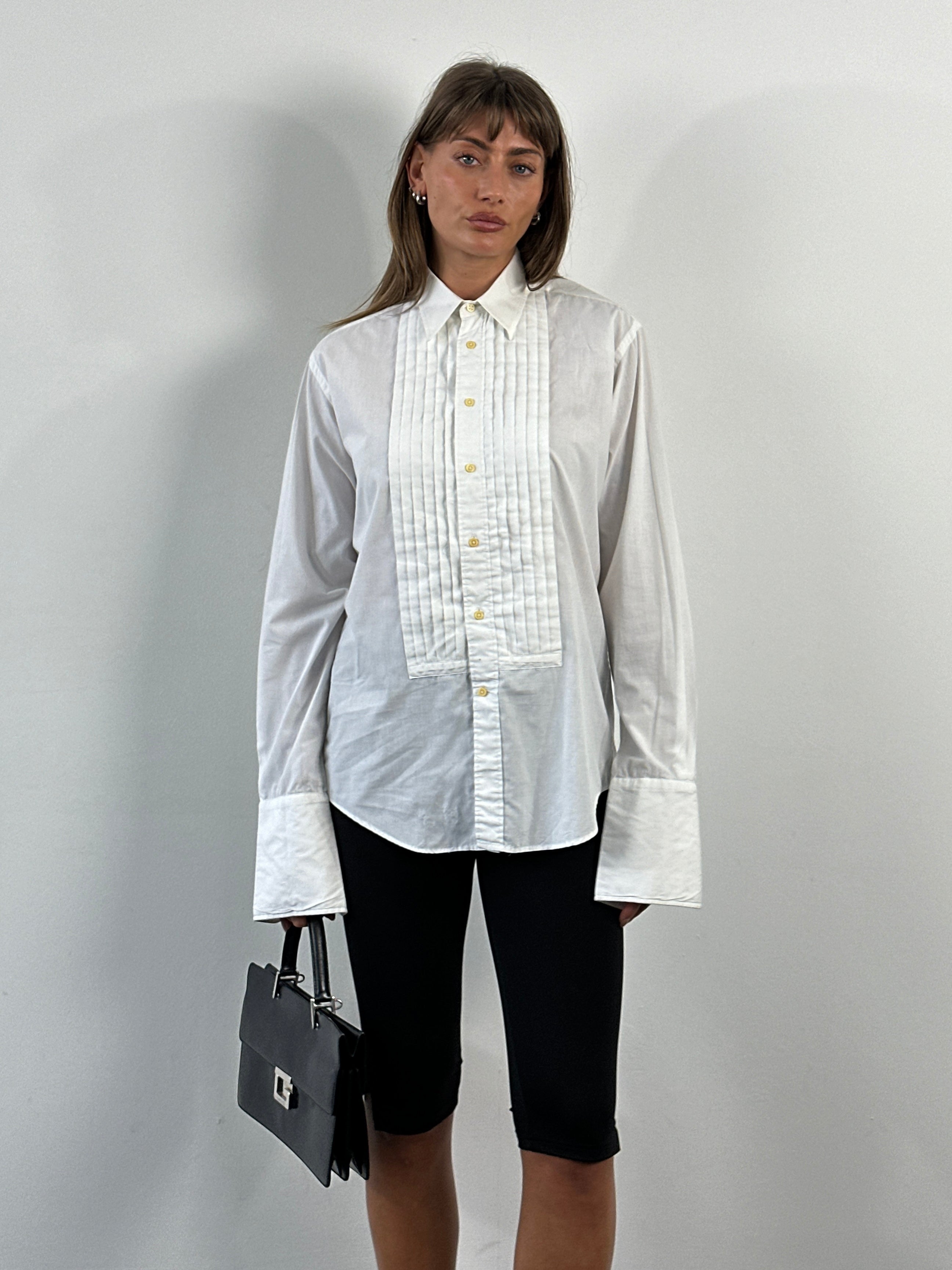 Yves Saint Laurent Pour Homme 1990s tuxedo cotton dress shirt in size M, featuring classic white design and tailored fit.