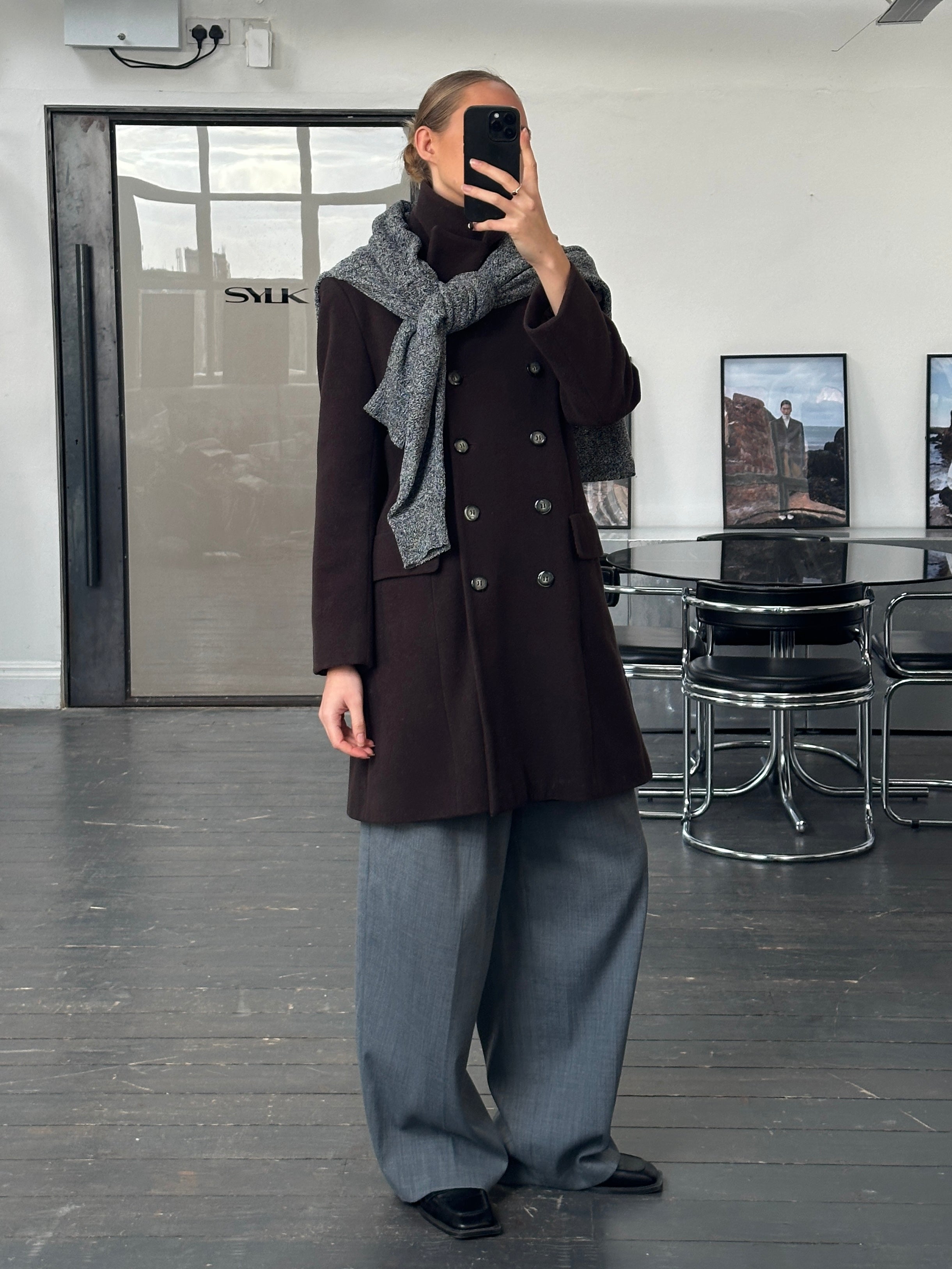 Vintage 1990s wool and cashmere double-breasted coat in size M, showcasing classic design and textured fabric.