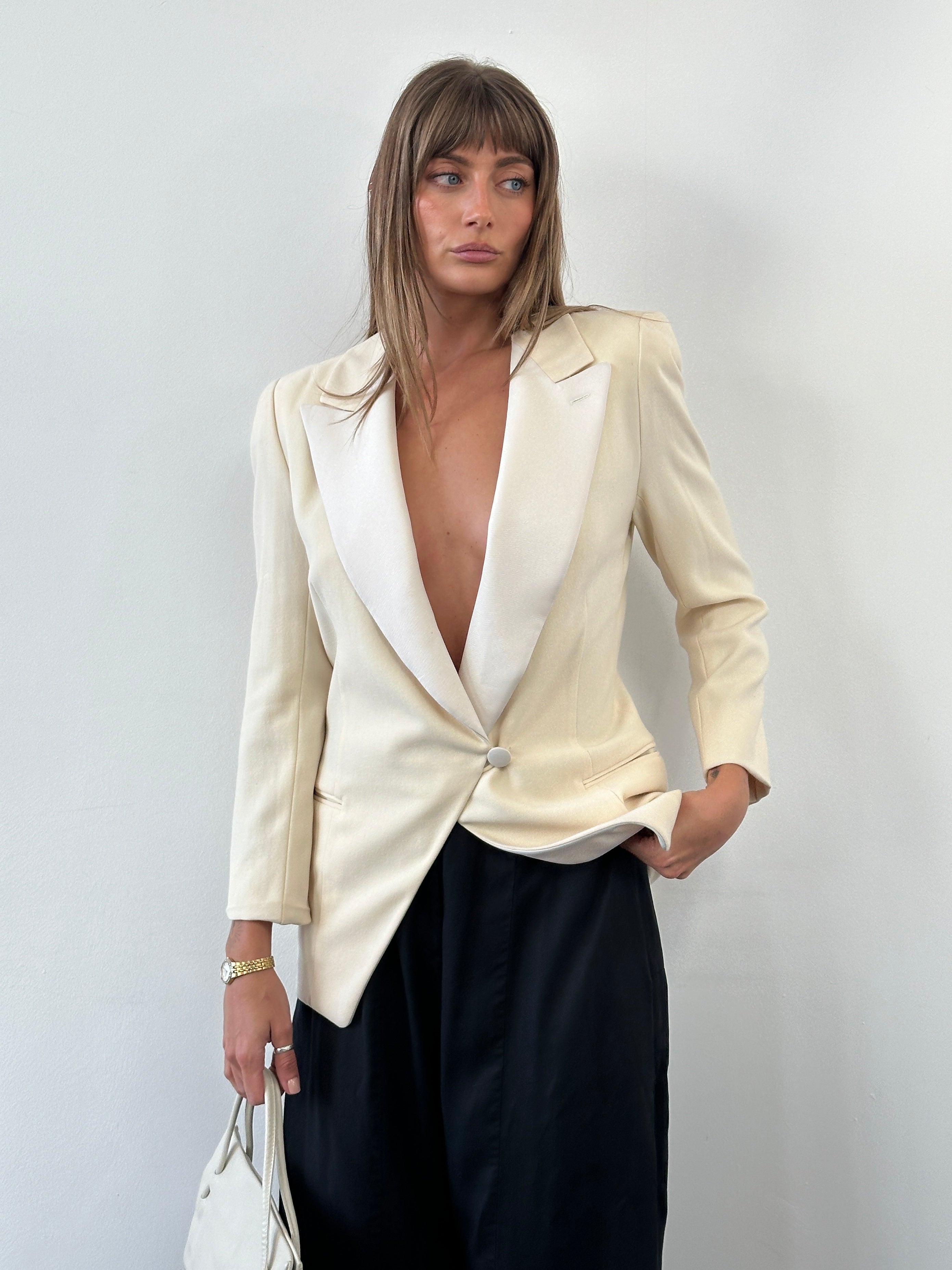 Giorgio Armani 1980s wool satin tuxedo blazer in black, tailored fit, with satin lapels and sleek design, size small/medium.