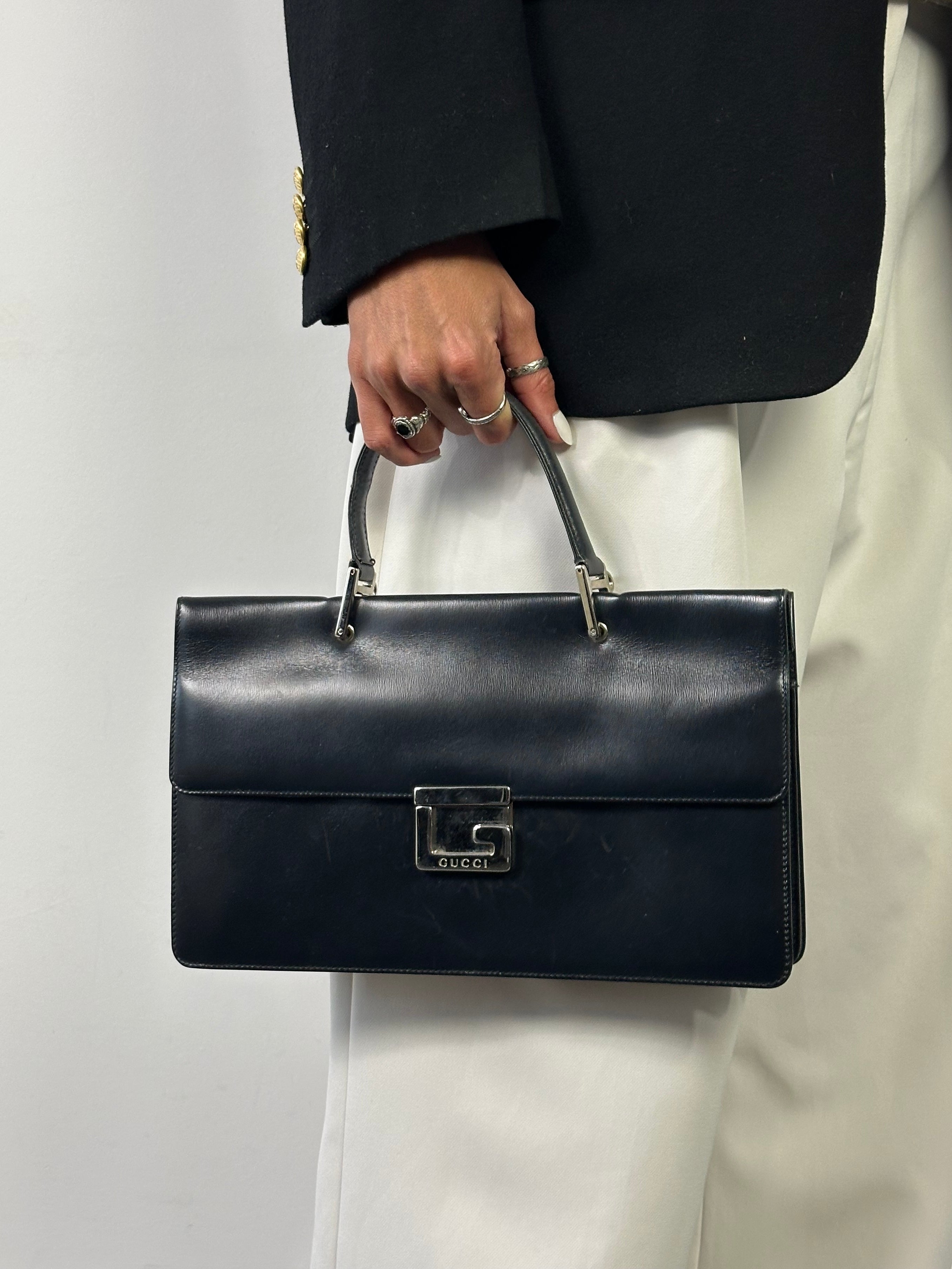 Gucci 1990s Tom Ford Square G leather handbag with structured design and gold-tone hardware.