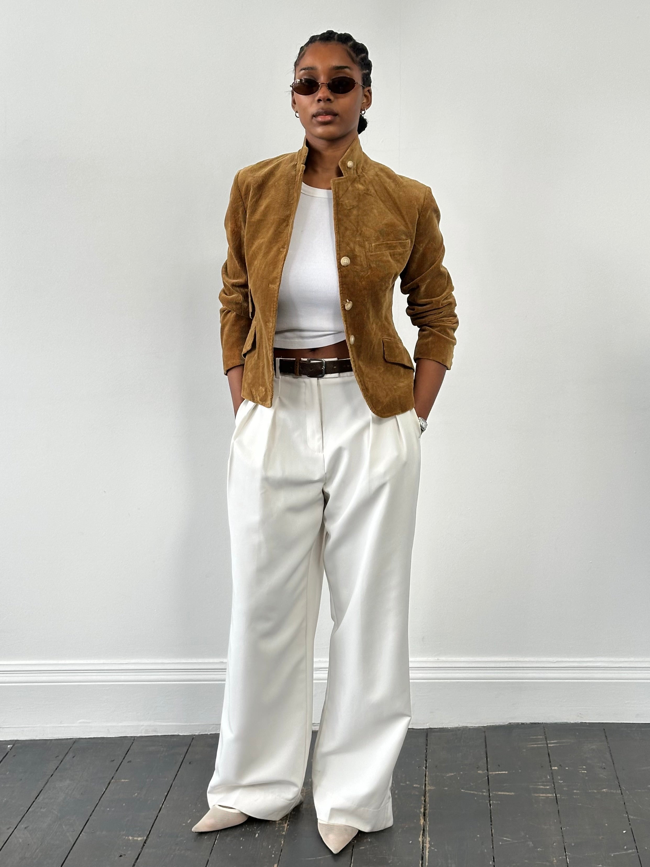 Ralph Lauren 2000s high neck corduroy blazer in XS, featuring a classic collar and textured fabric, front view.