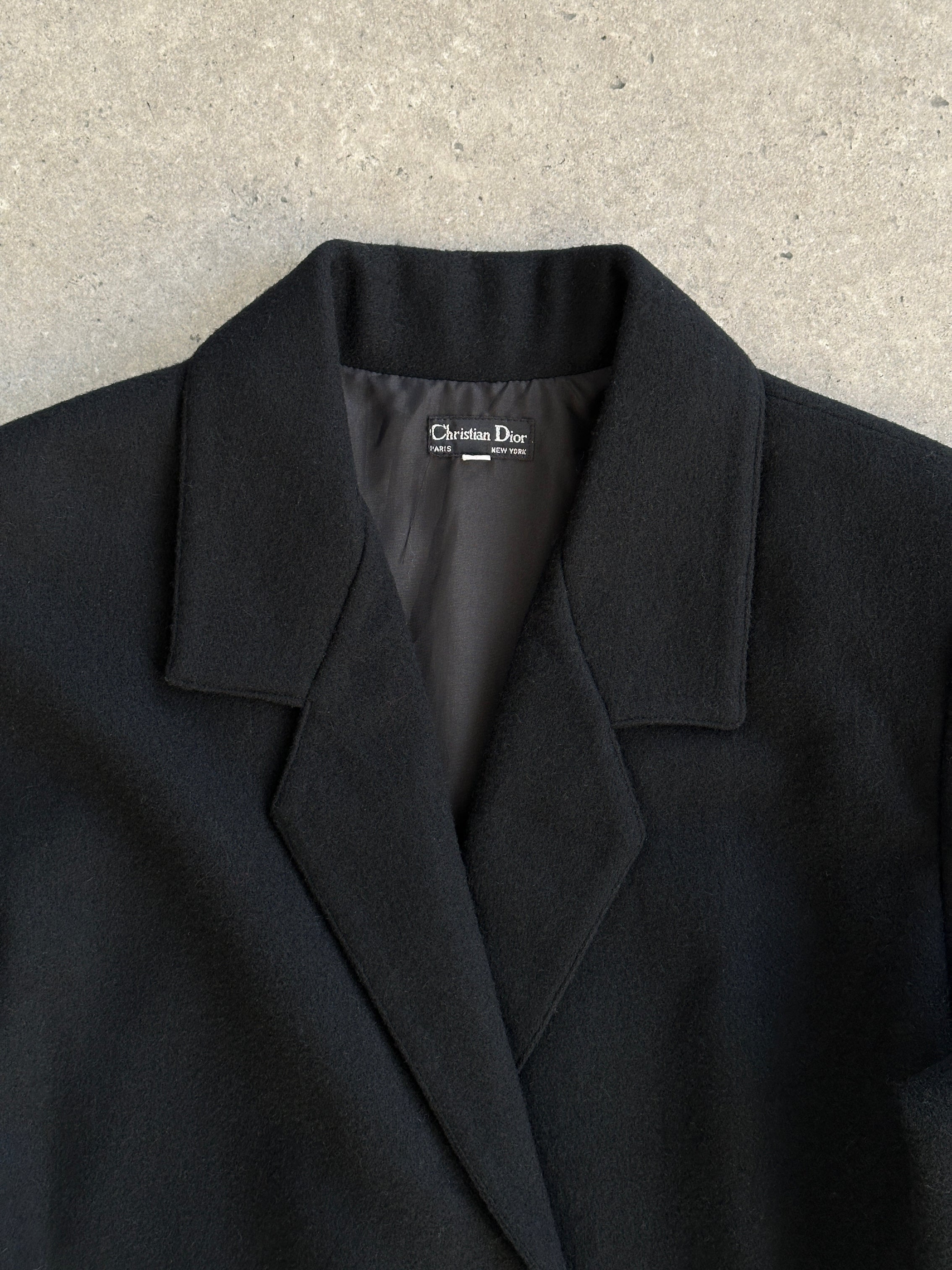 Christian Dior brushed wool double-breasted blazer in size L, featuring tailored fit and bespoke button details.