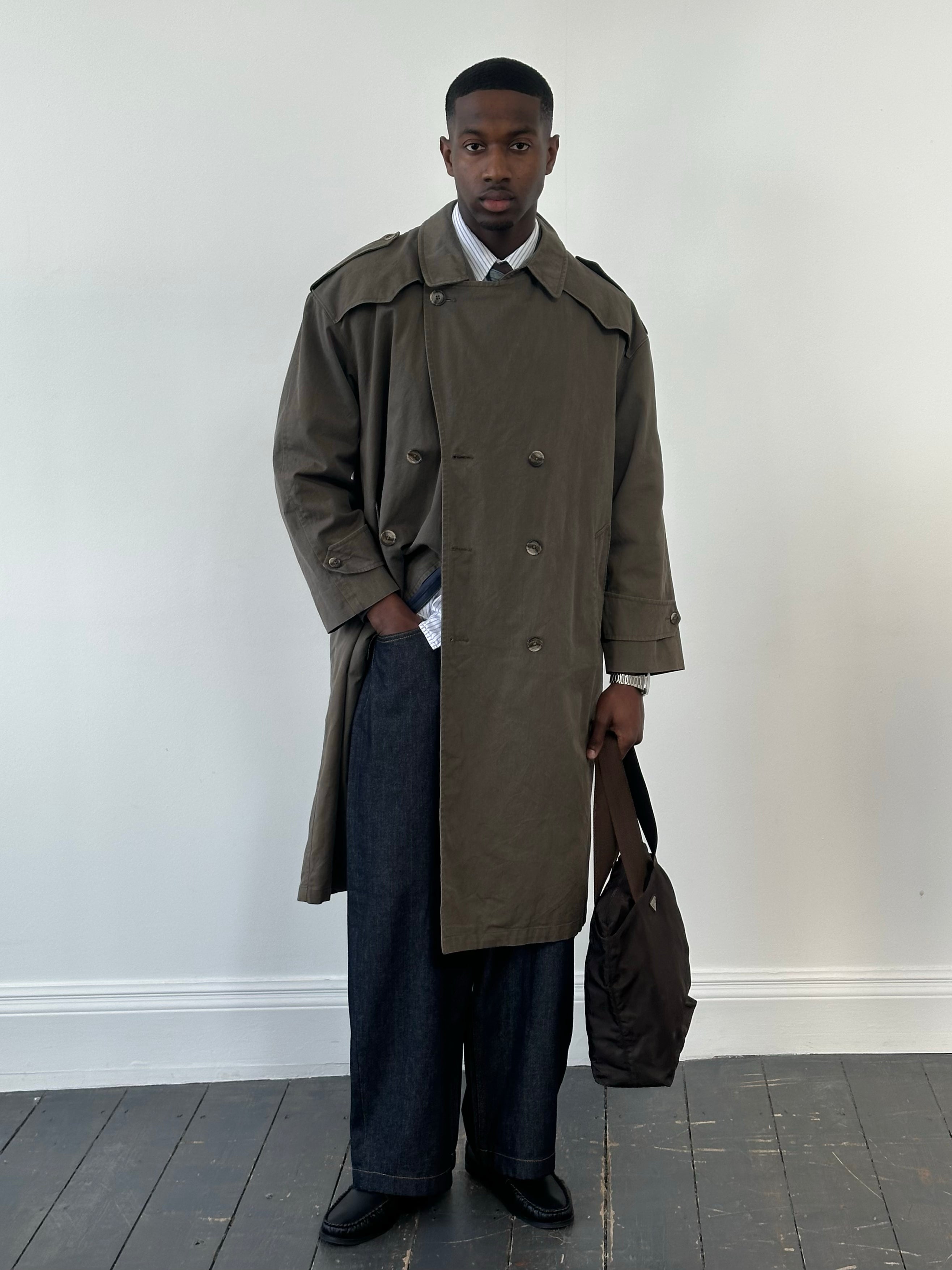 Christian Dior Le Connaisseur 1980s cotton double-breasted trench coat in XL size, shown on a hanger with classic style details.