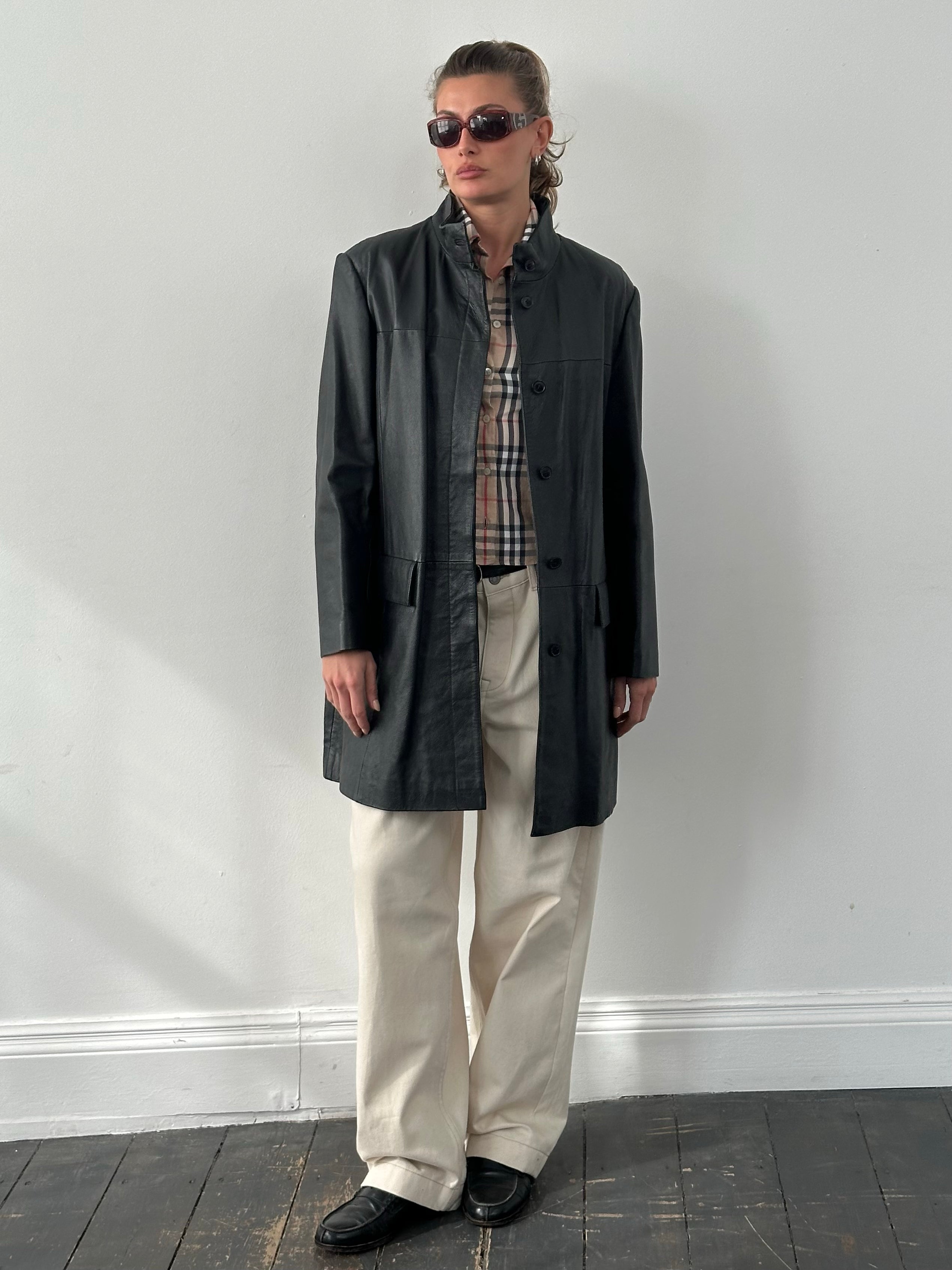 Vintage 1990s Collarless Leather Trench Coat - L/XL