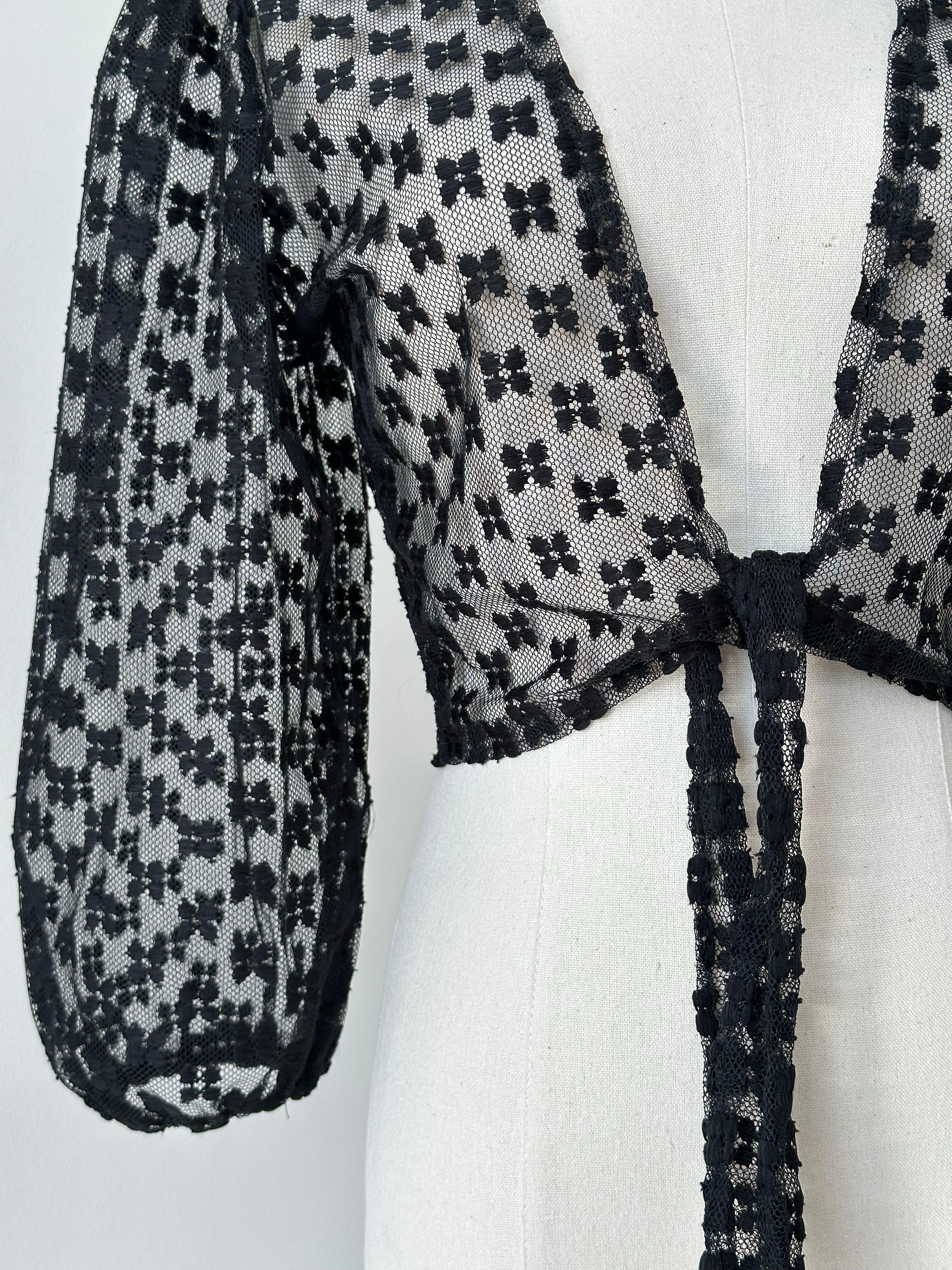 Vintage 1990s Sheer Puff Sleeve Tie Cardigan - S-M