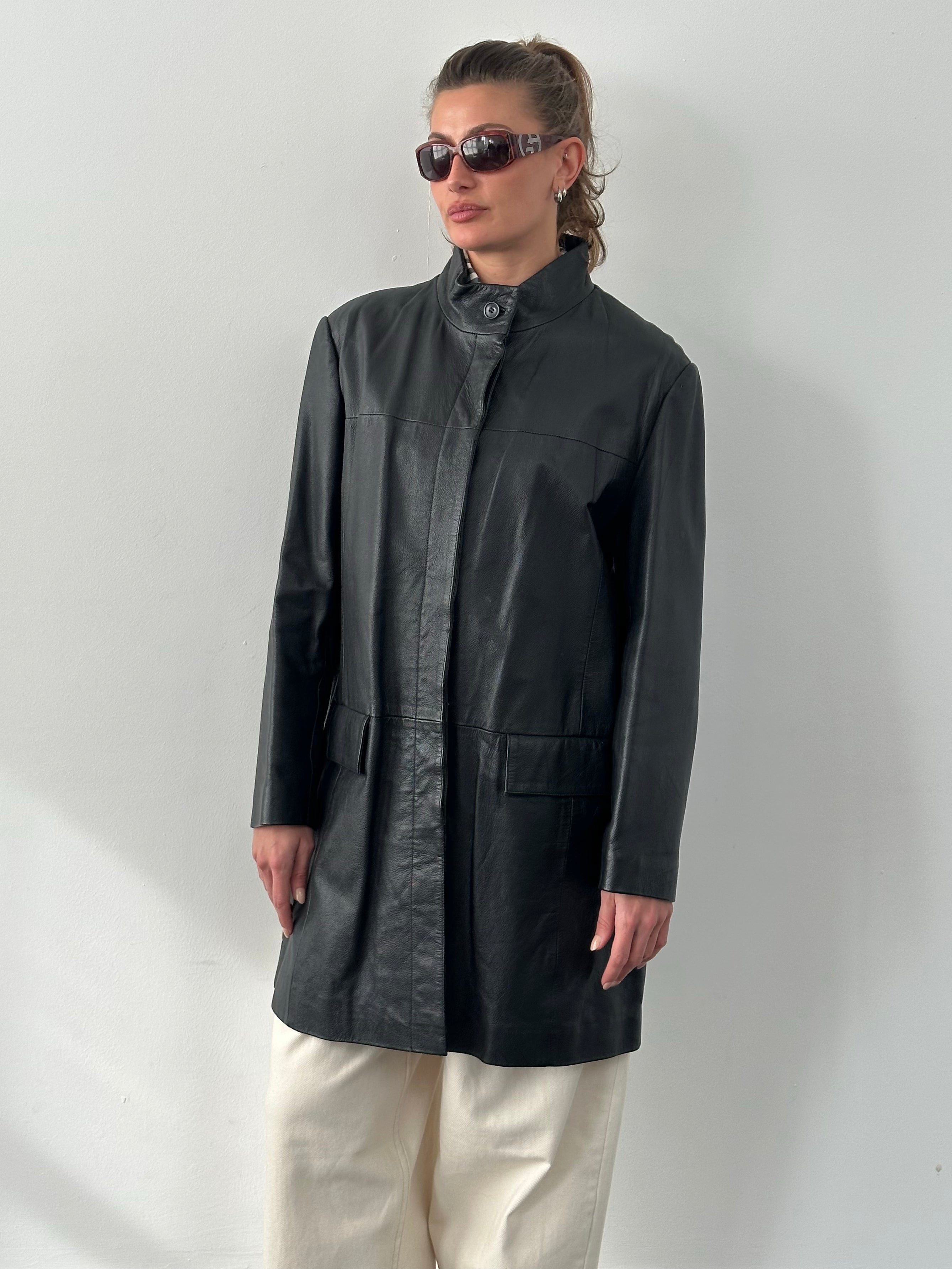 Vintage 1990s Collarless Leather Trench Coat - L/XL