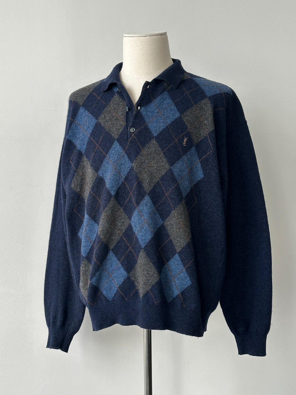 Yves Saint Laurent Doorume 1990s Lambswool Argyle Polo Jumper - L