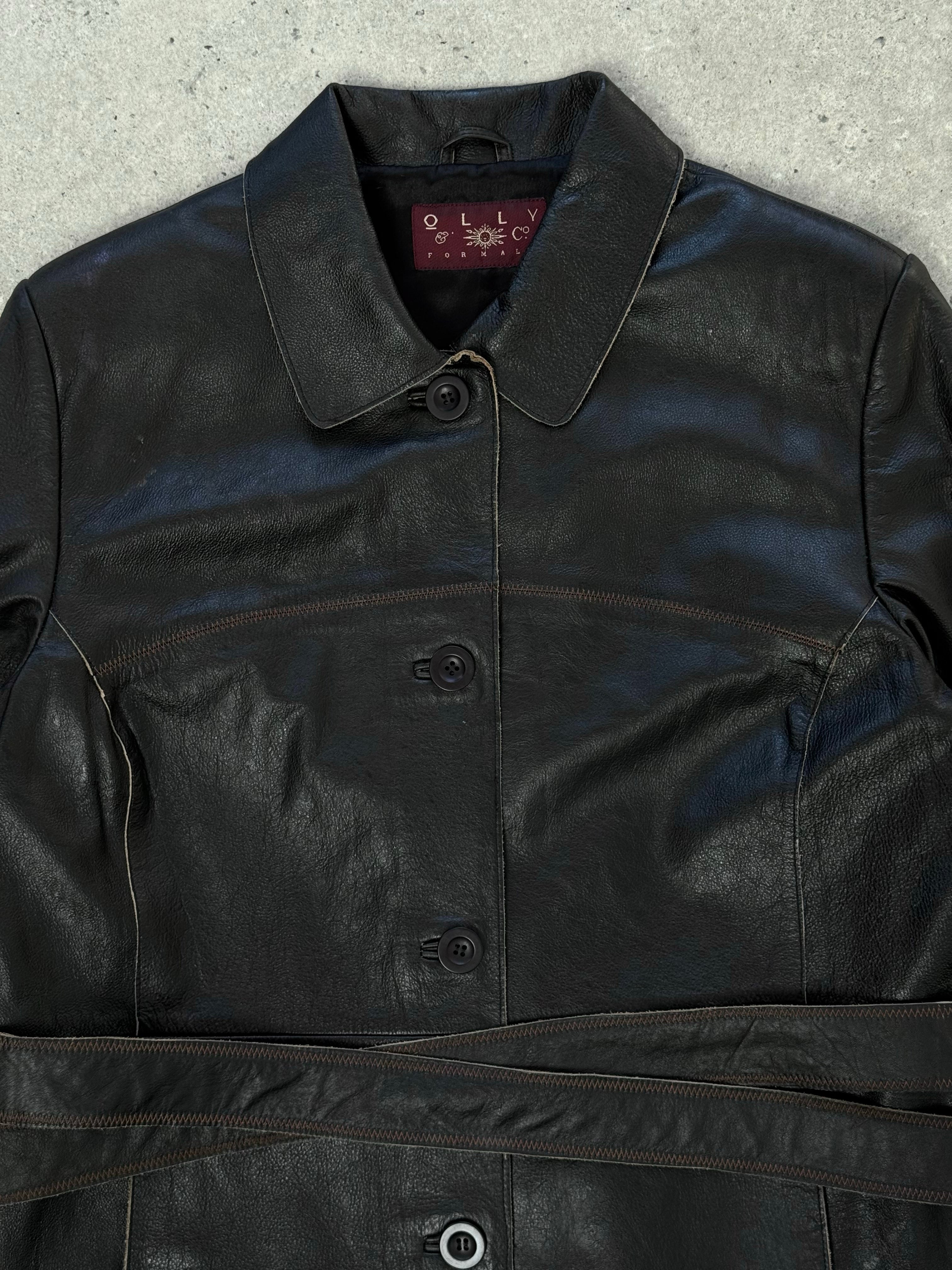 Vintage 1990s leather jacket with belt, classic design, brown leather, displayed on a hanger, showcasing its retro style and details.