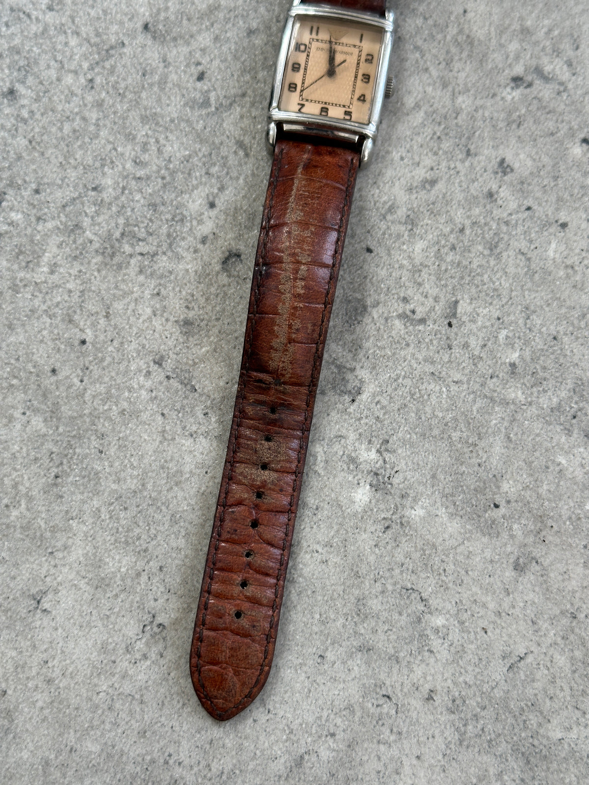 Emporio Armani 2000s leather rectangular quartz watch with a sleek black dial and silver case, stylish and elegant accessory.