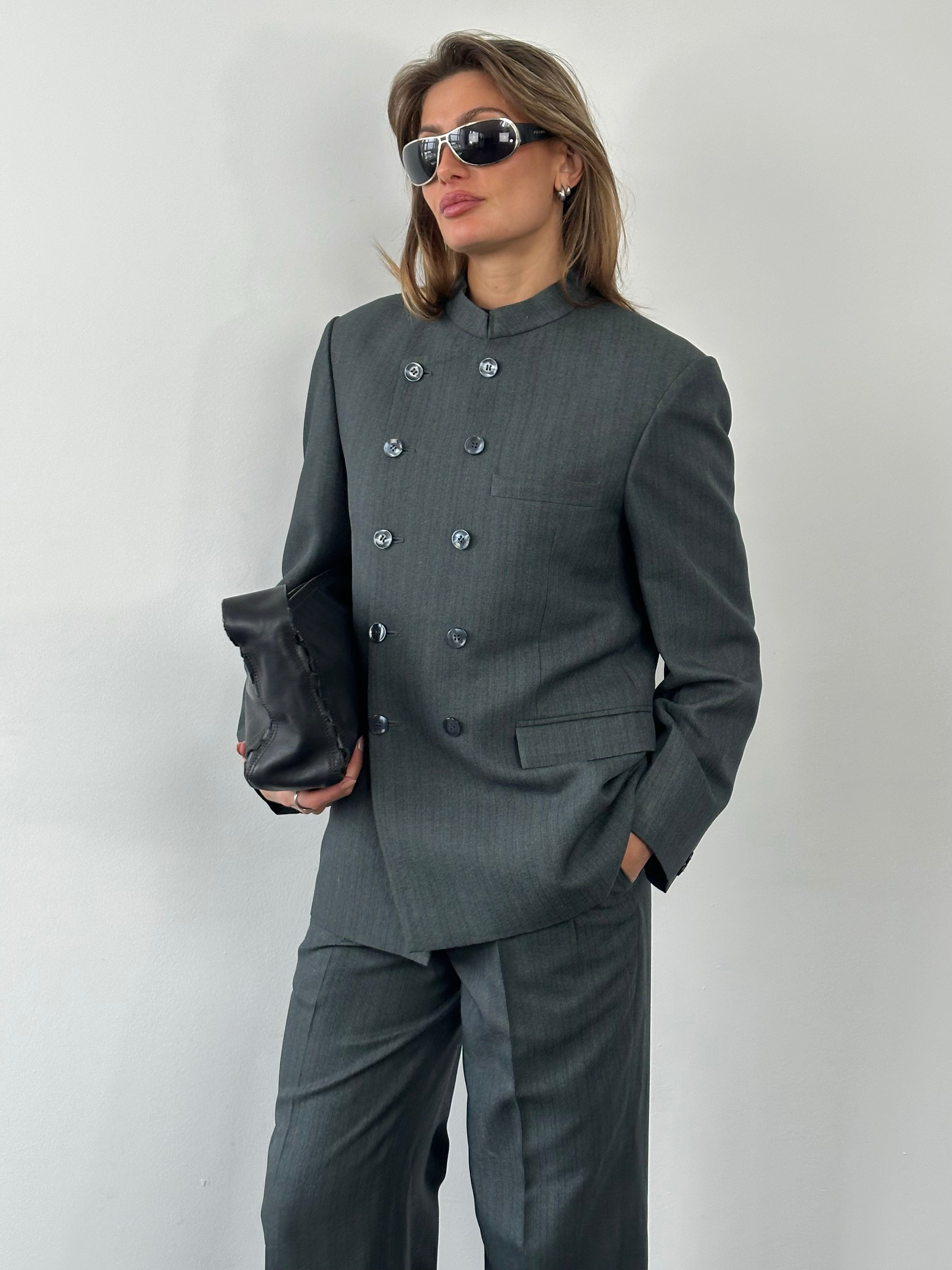 Vintage 1990s Stand Collar Double Breasted Stripe Suit - M