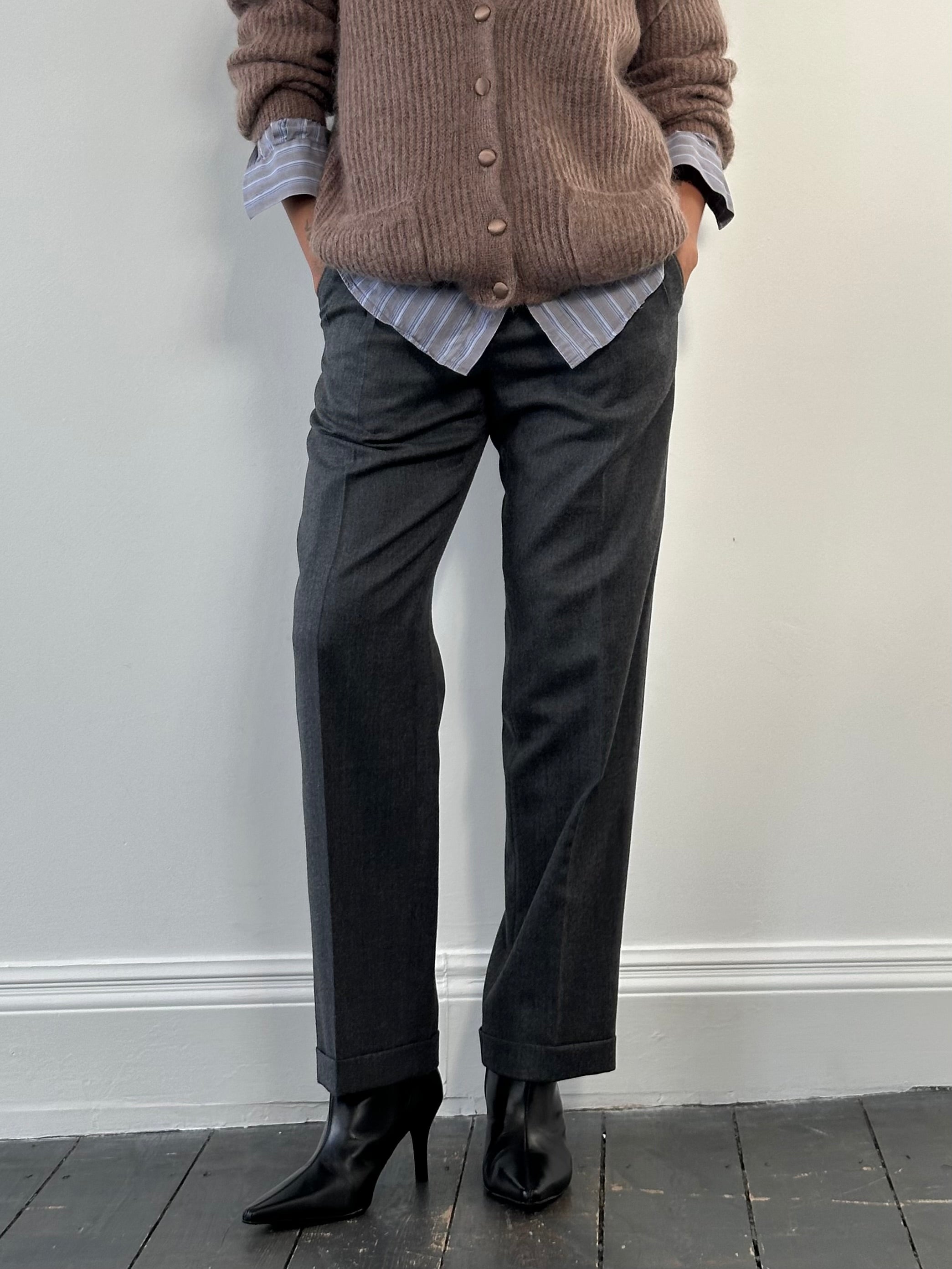 Conbipel pure brushed wool tailored trousers with straight leg fit in size W30, shown on a hanger with a smooth fabric finish.
