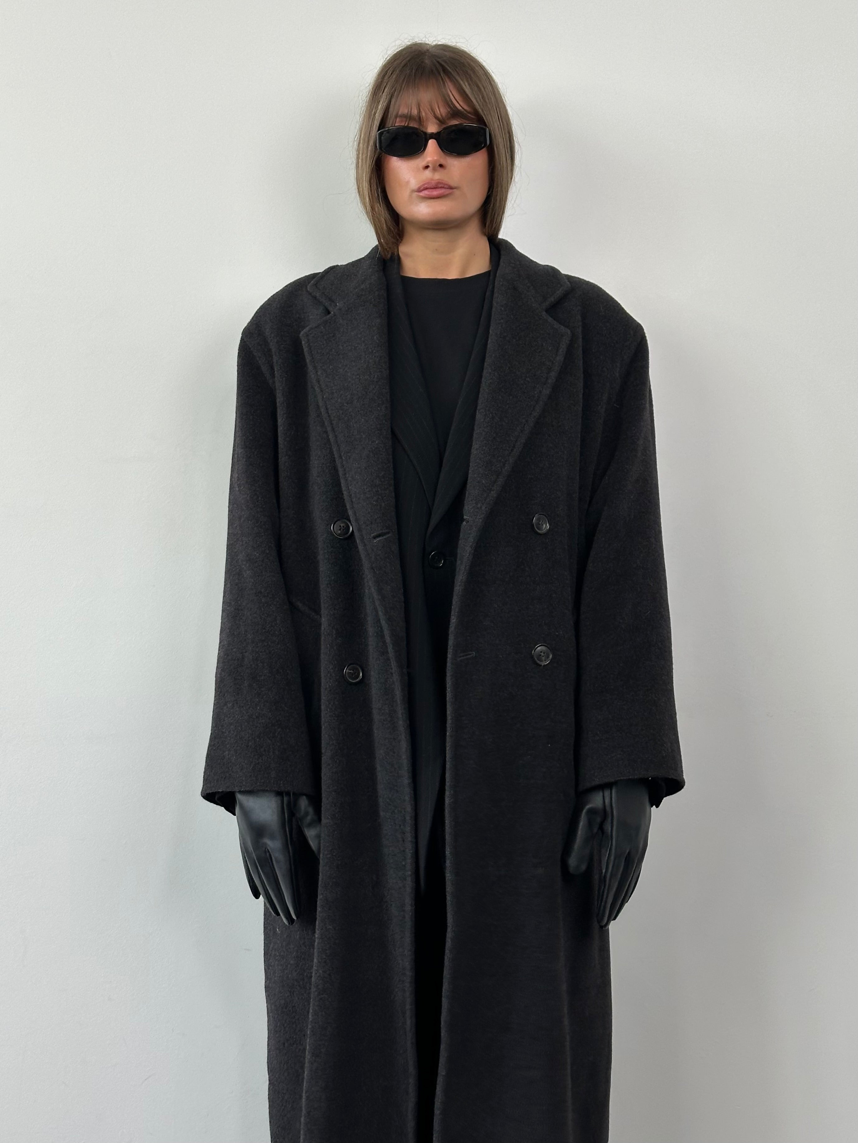 Marella wool cashmere double-breasted floor-length coat in XL, featuring a classic design and tailored fit, displayed on a hanger.