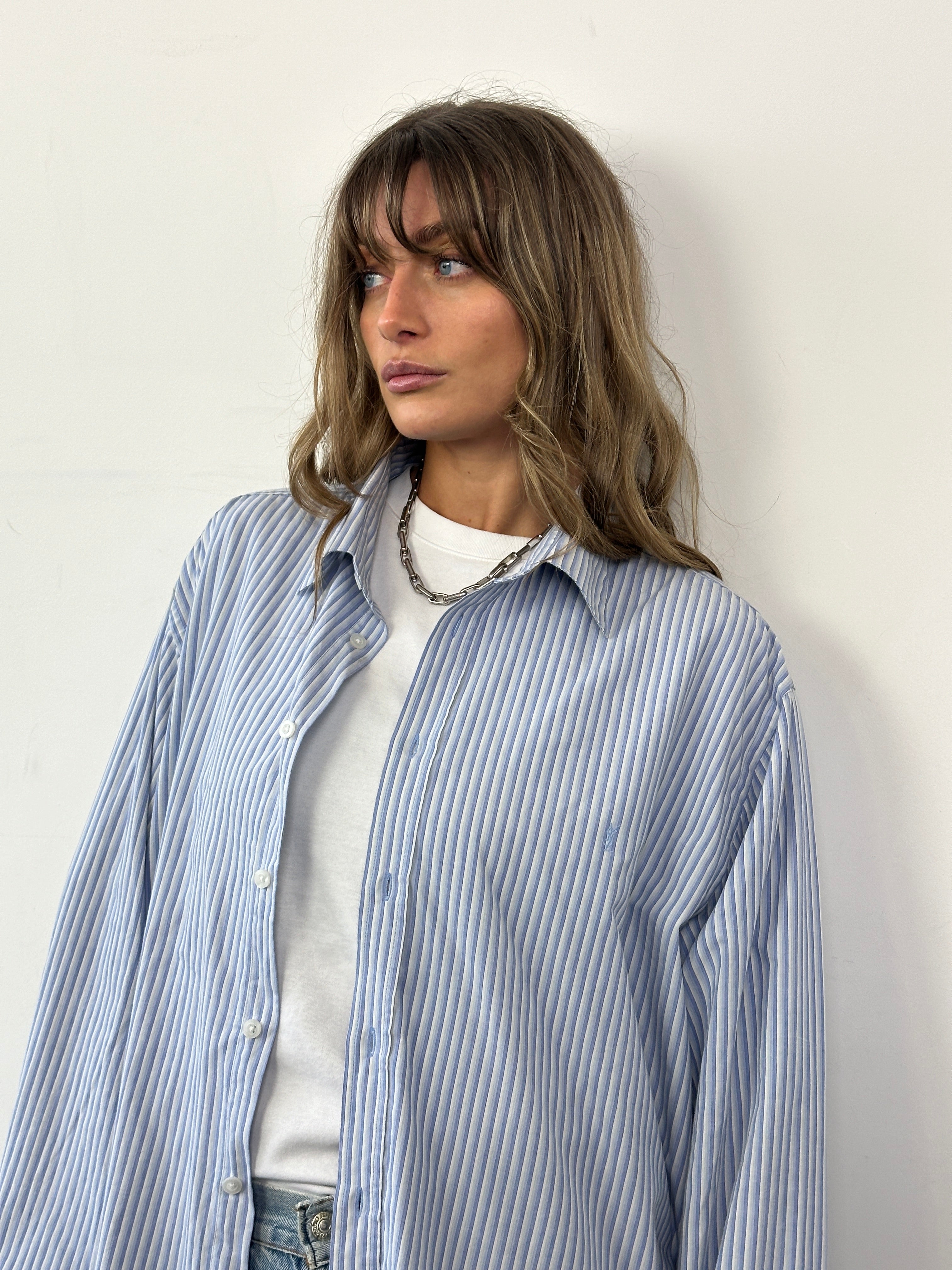Yves Saint Laurent Pour Homme cotton pinstripe logo shirt in XXL, featuring a classic striped pattern and YSL branding.