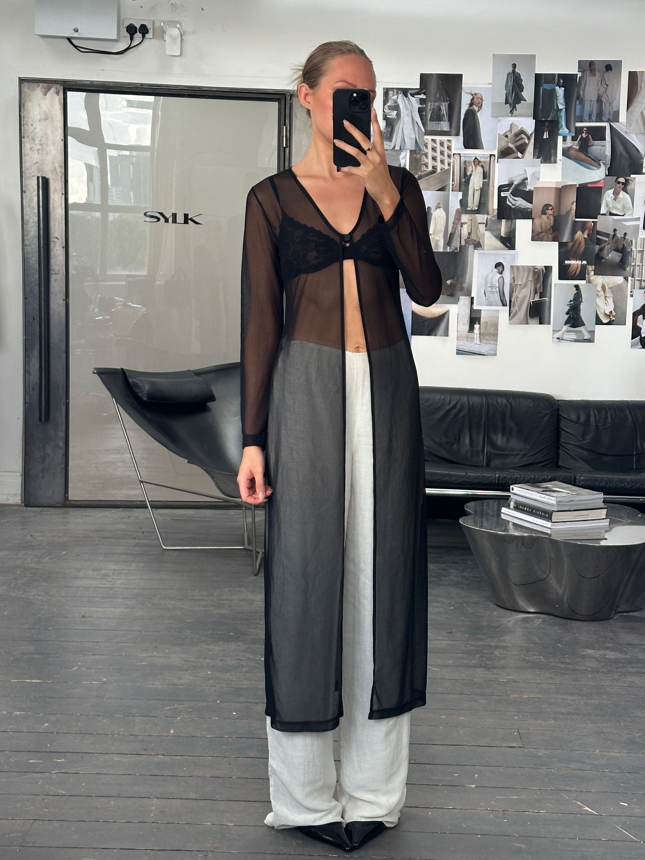 Vintage 2000s sheer floor-length cardigan in black, lightweight and transparent, with long sleeves and open front design.