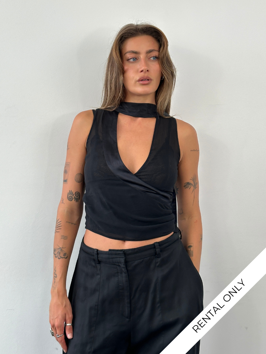 Emporio Armani 2003 silk sheer scarf top, tank top style, in light fabric with subtle branding and elegant draping.