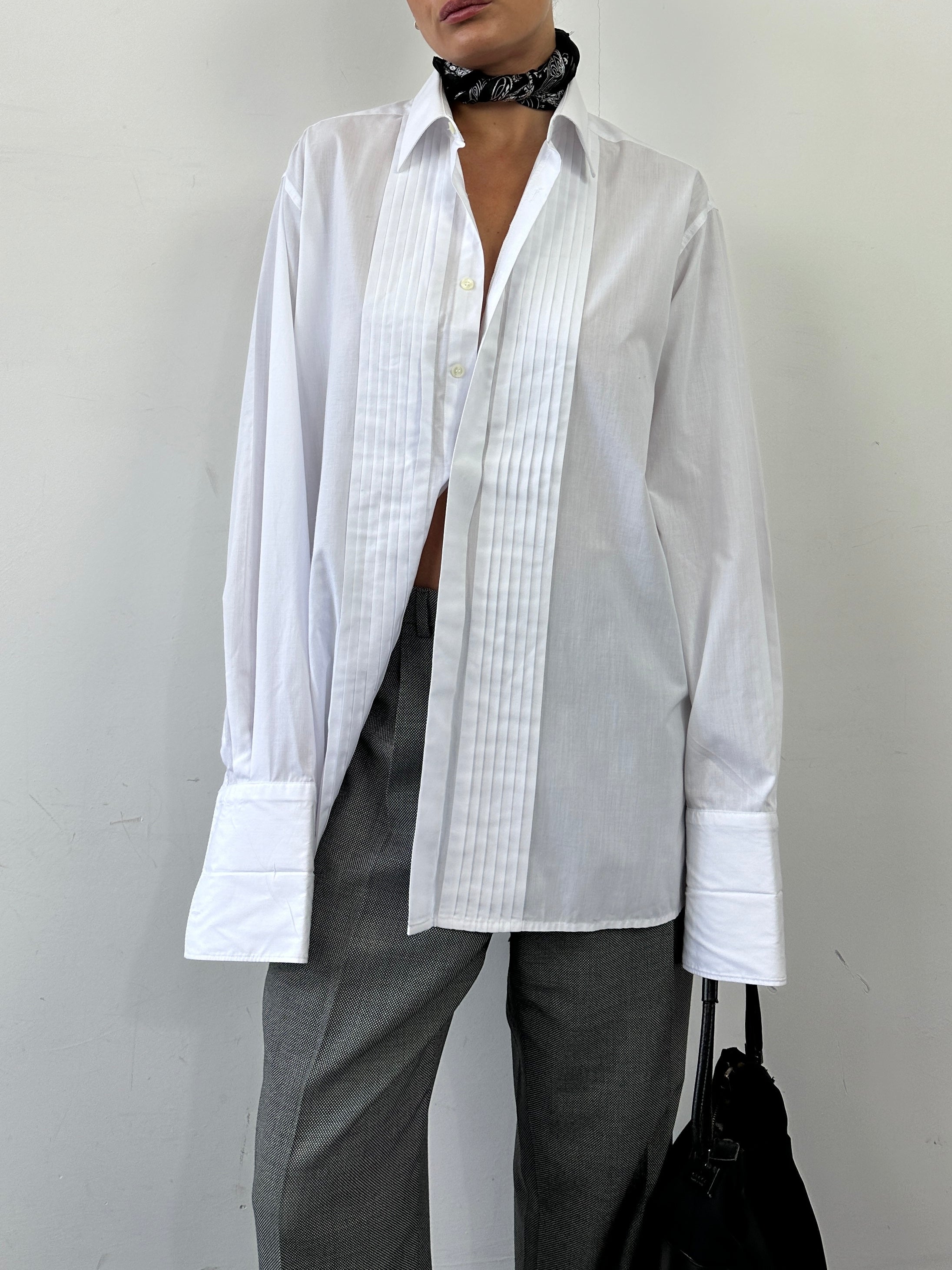 Vintage men's vintage pleated tuxedo dress shirt, XL/XXL size, featuring classic pleats and formal shirt design.