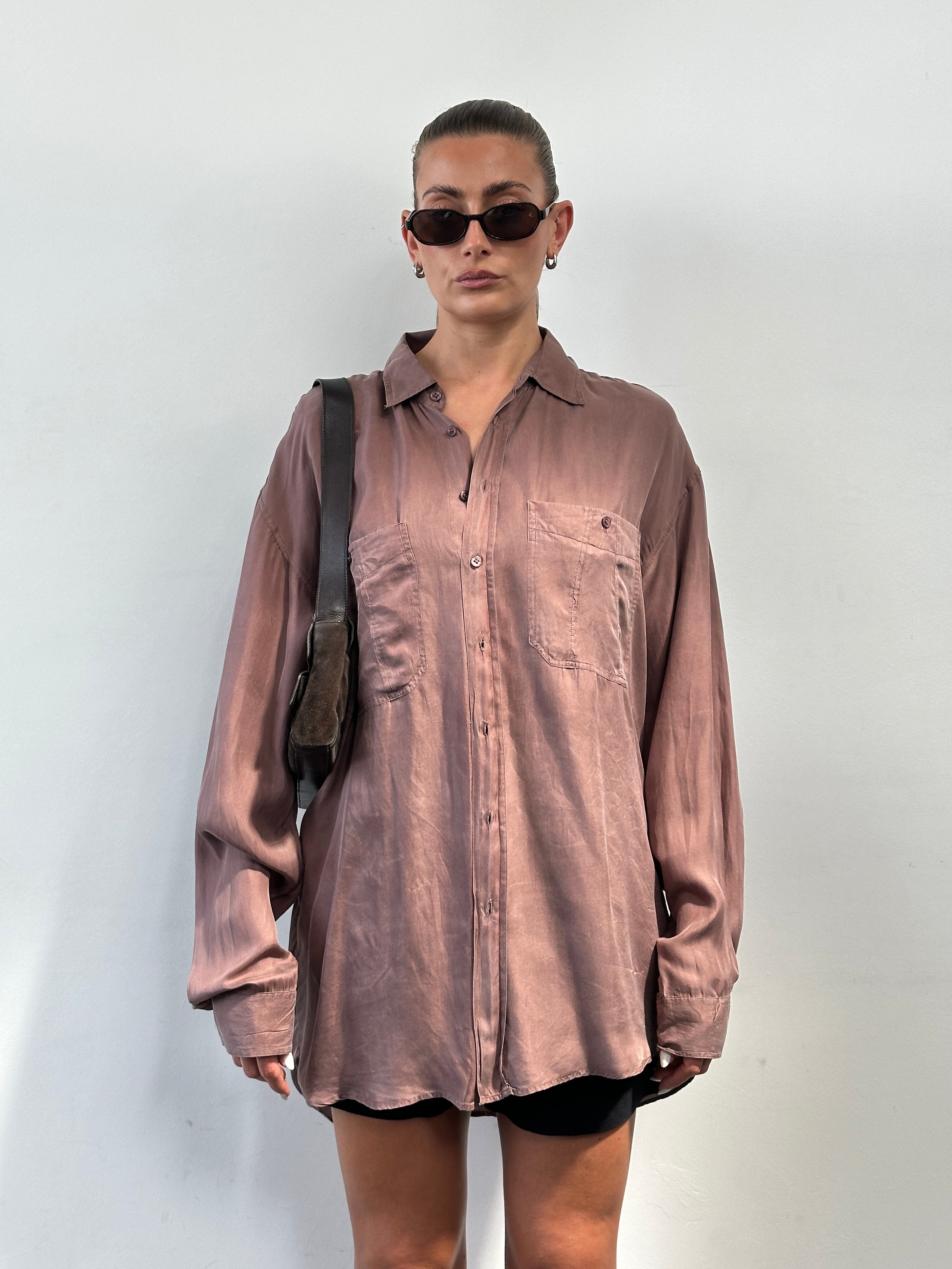 Vintage 90s pure silk shirt in size XL, featuring a classic design with a smooth silk texture and vintage brand label.