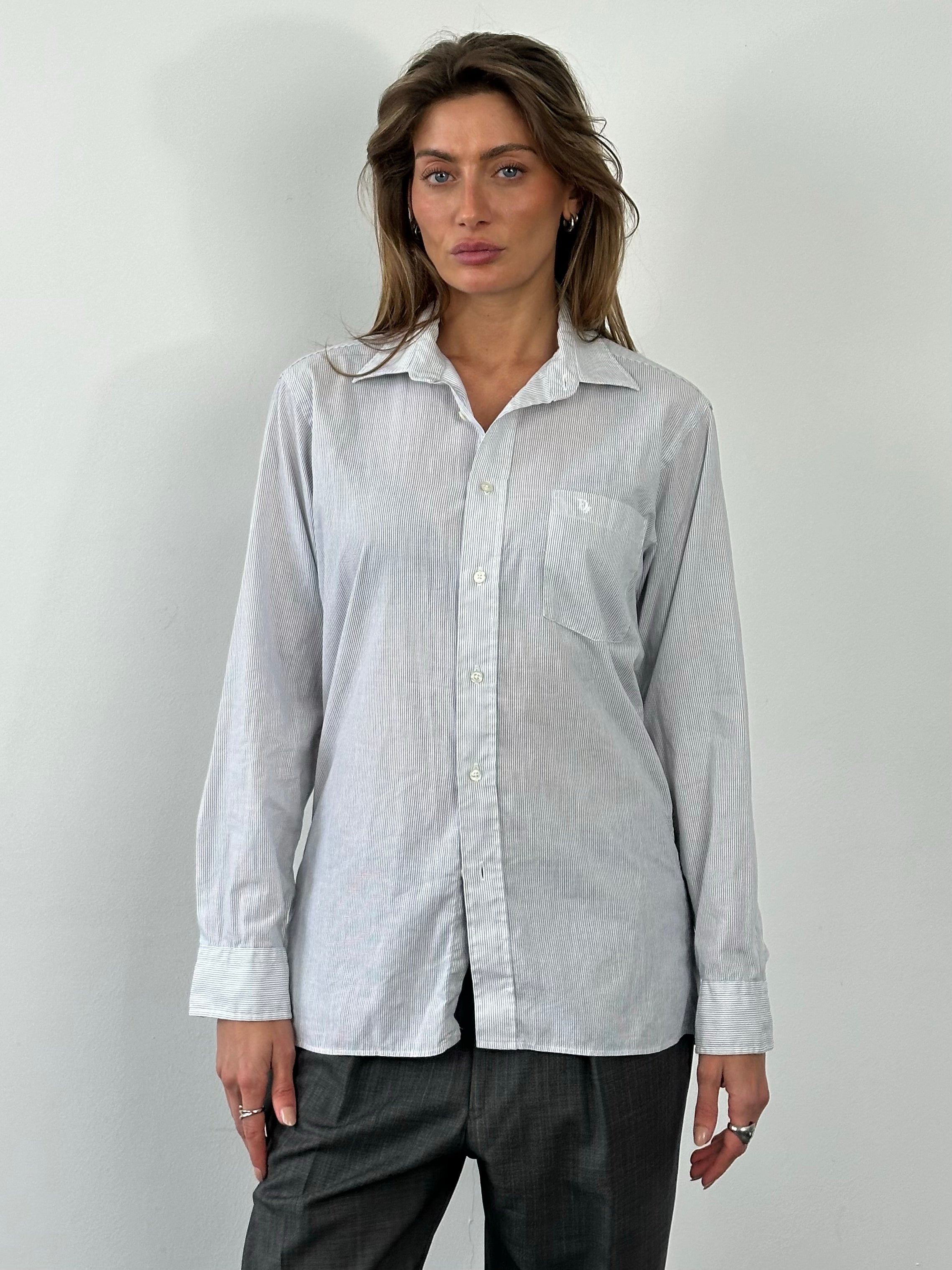 Christian Dior Monsieur 1990s cotton striped logo shirt in white and navy, men's size M, with classic button-down design.