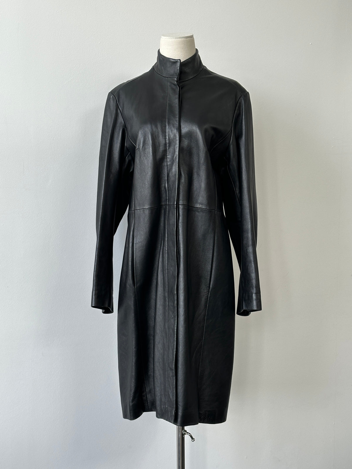 Vintage 1990s High Neck Leather Trench Coat - M