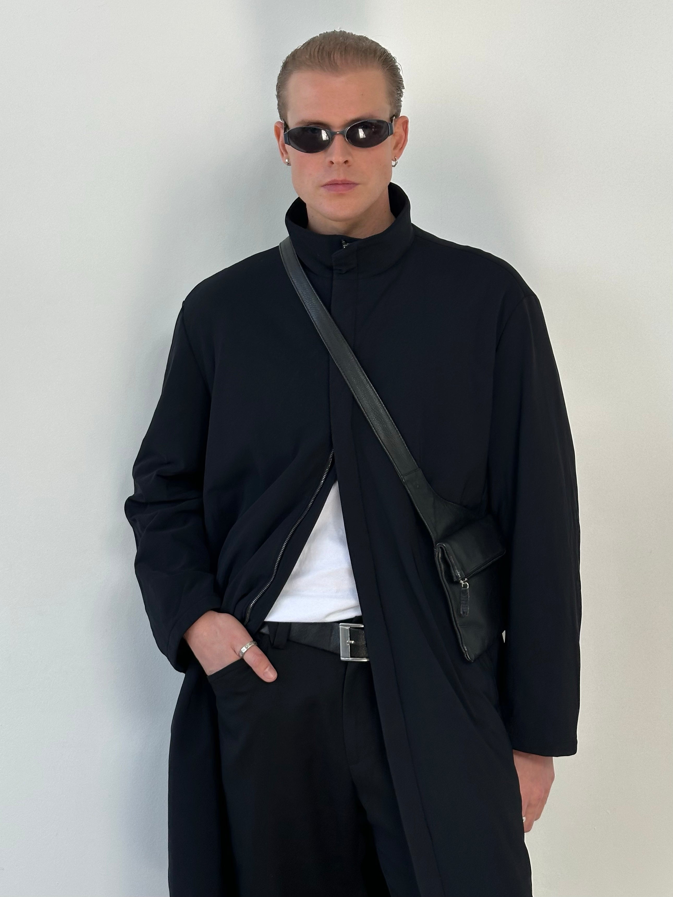 Hugo Boss 2000s cotton high-neck double zip trench coat in size L, shown in black with double front zippers and high collar.