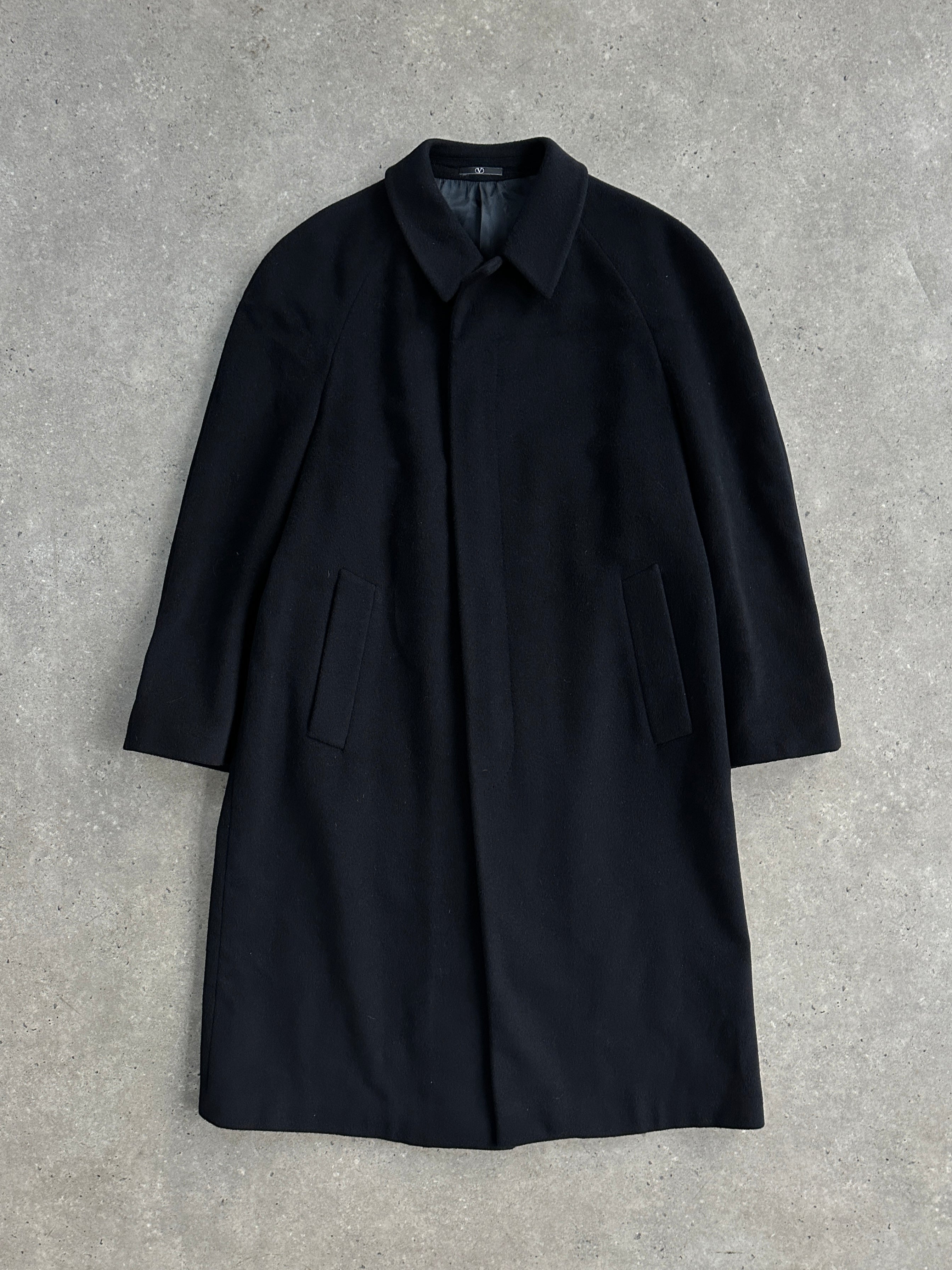 Valentino virgin wool and cashmere single-breasted coat in XL/XXL, dark color, tailored fit, lapel collar, and front buttons.