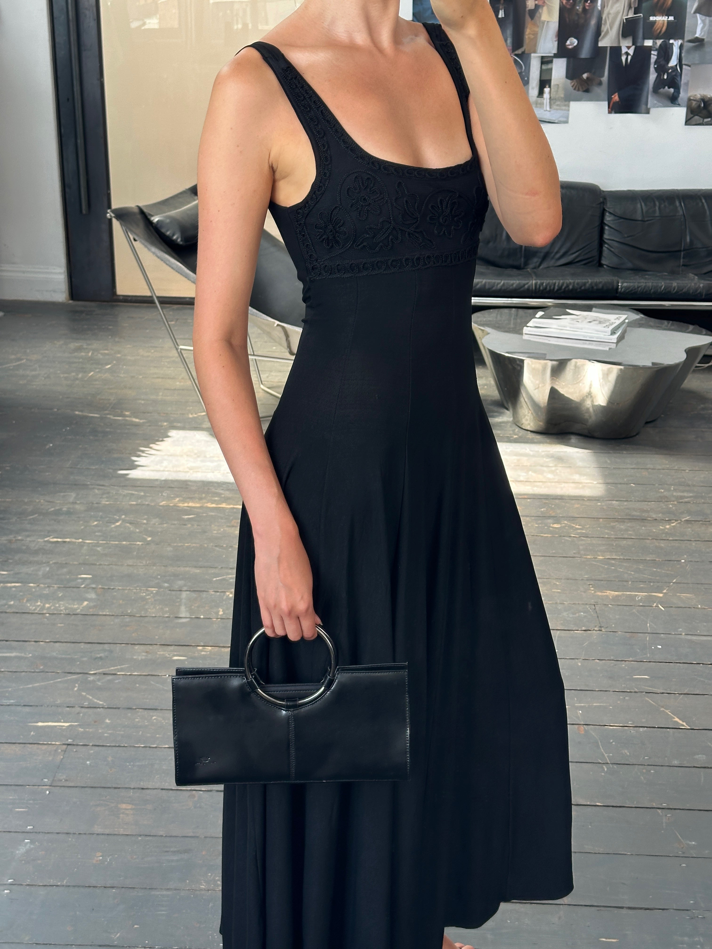 Vintage 1990s corset back floor-length dress in size S-M, featuring a classic retro design with elegant style.