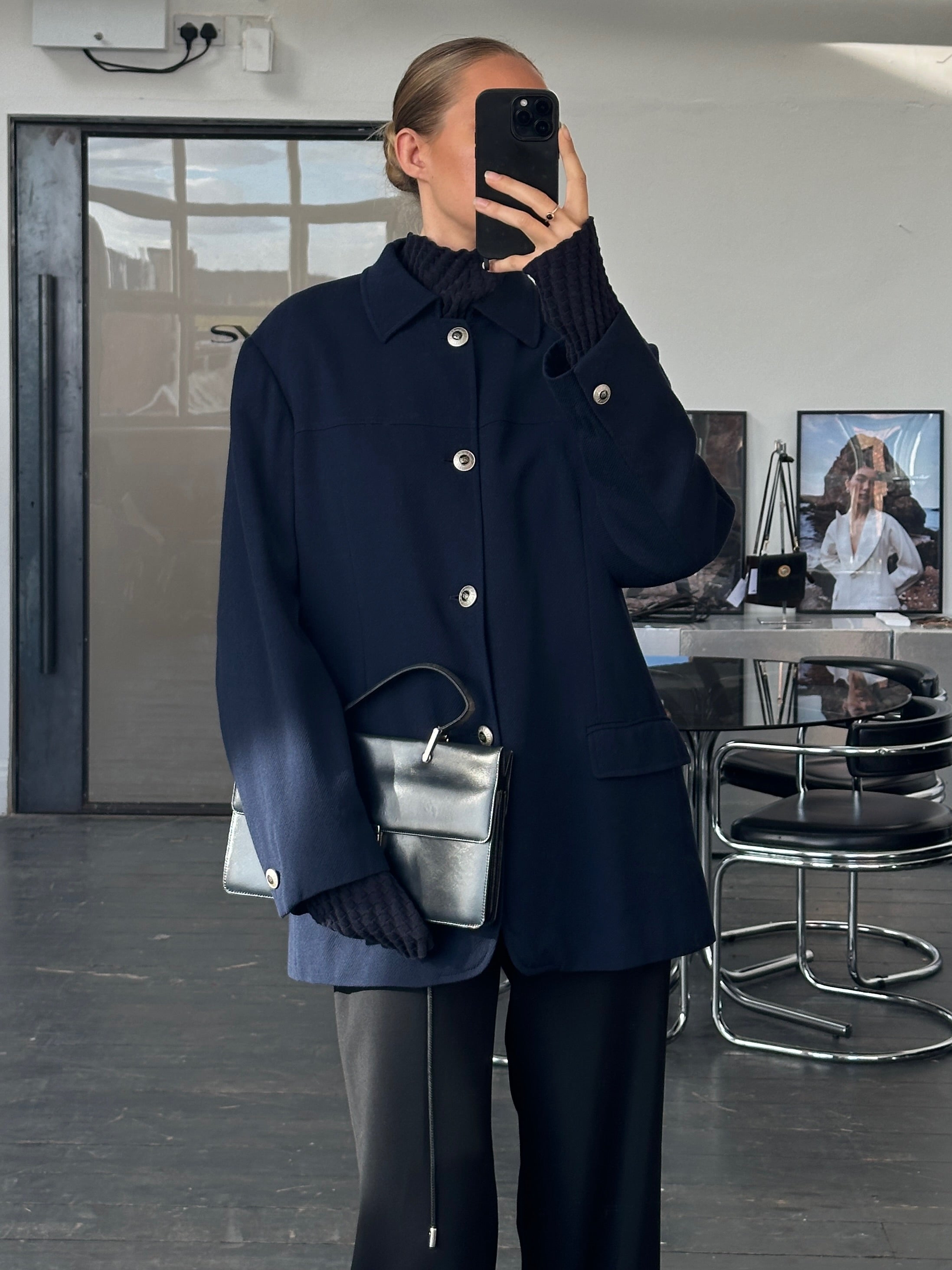 Versace Classic V2 1990s bespoke pure wool chore jacket in size L, featuring a tailored fit and button details.