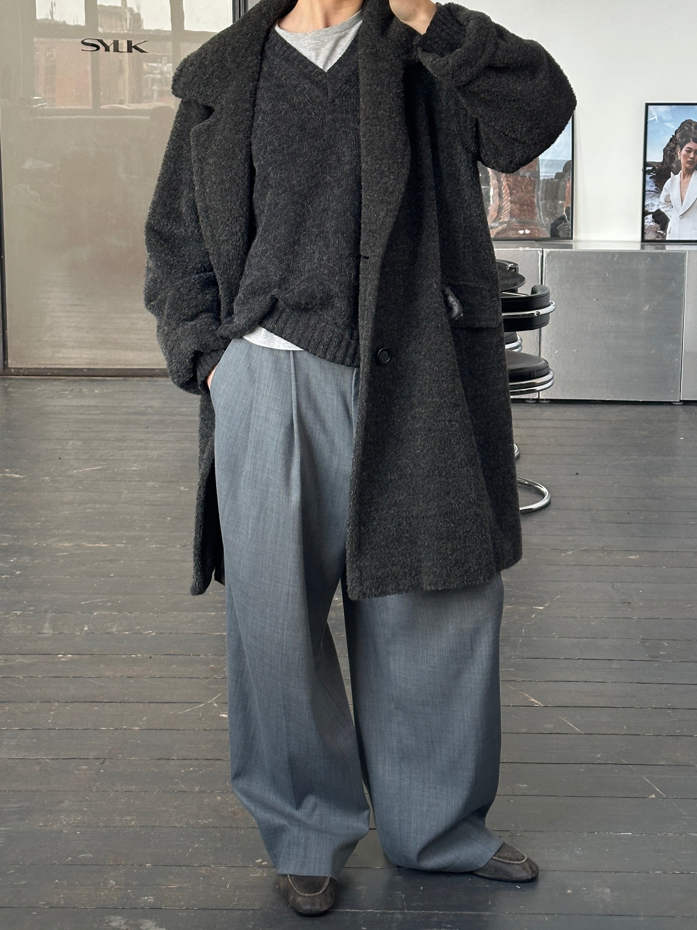Max Mara 1990s alpaca wool double-breasted coat in XL, beige color, featuring wide lapels and classic tailored fit.