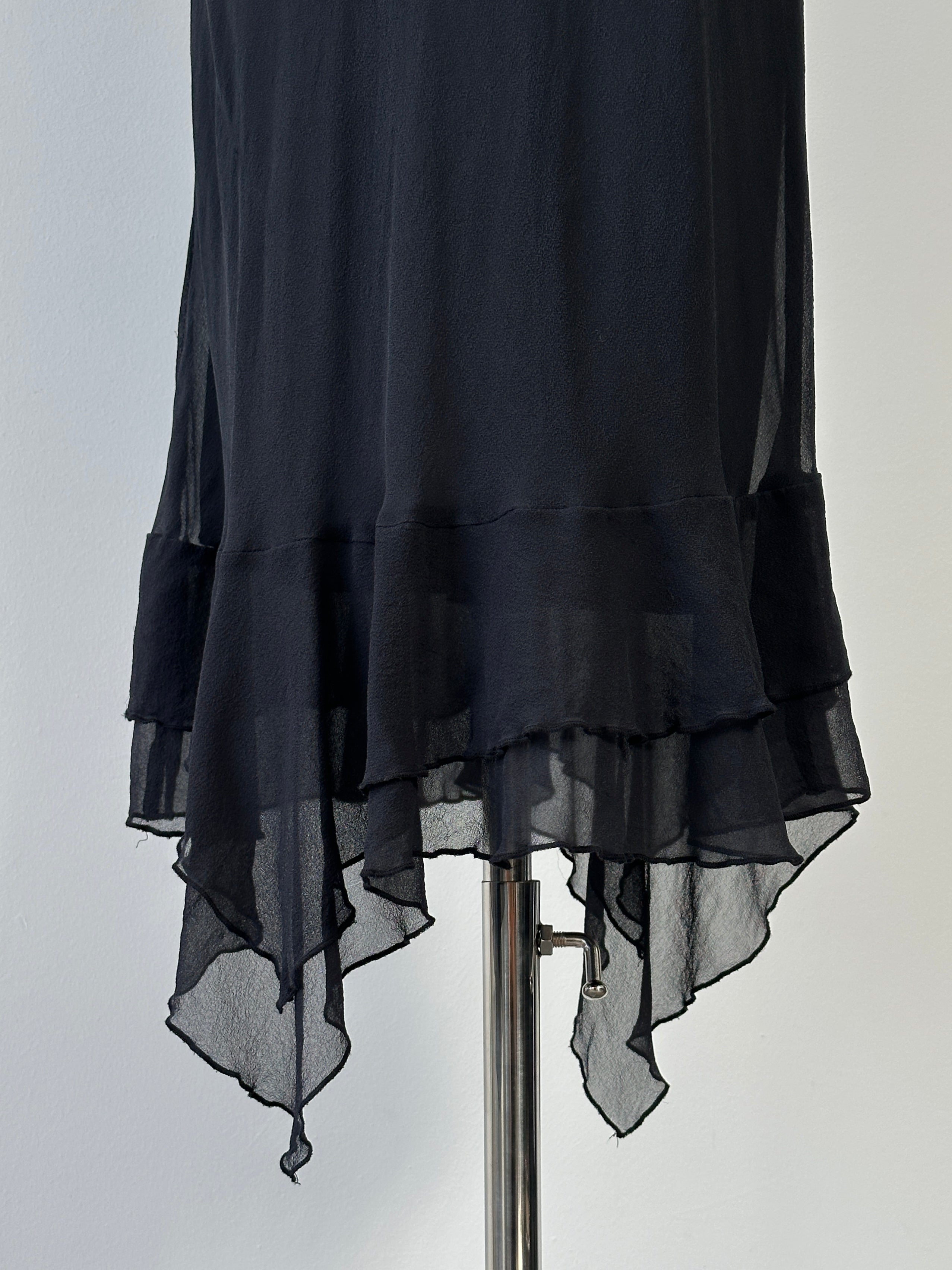 Vintage 2000s pure silk midi maxi dress with handkerchief hem, featuring elegant flowy fabric and vintage-inspired design.