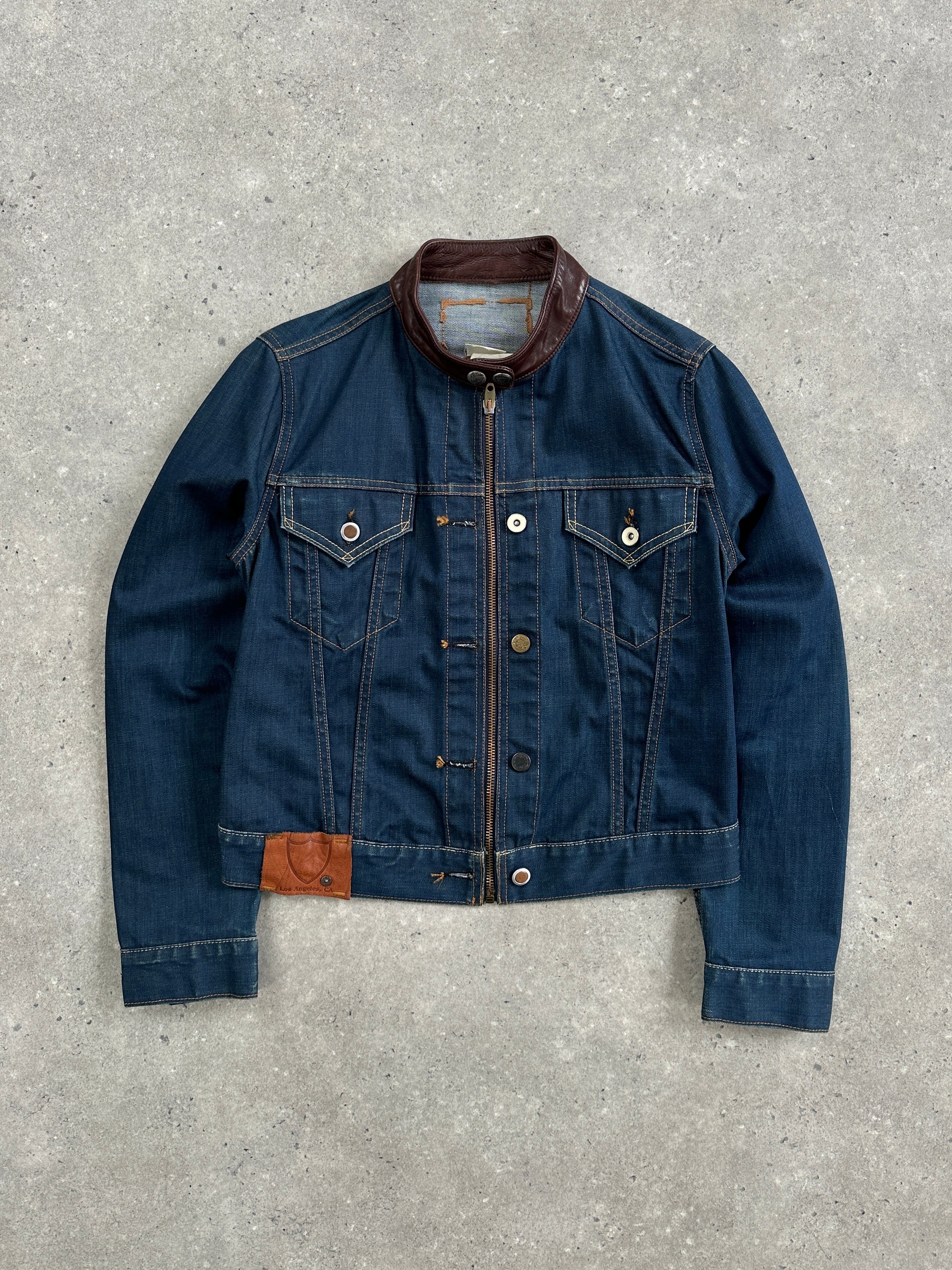 Vintage Hollywood Trading Company HTC 2000s Night Flyer Moto Denim Jacket in size S, featuring classic denim design and metal hardware.