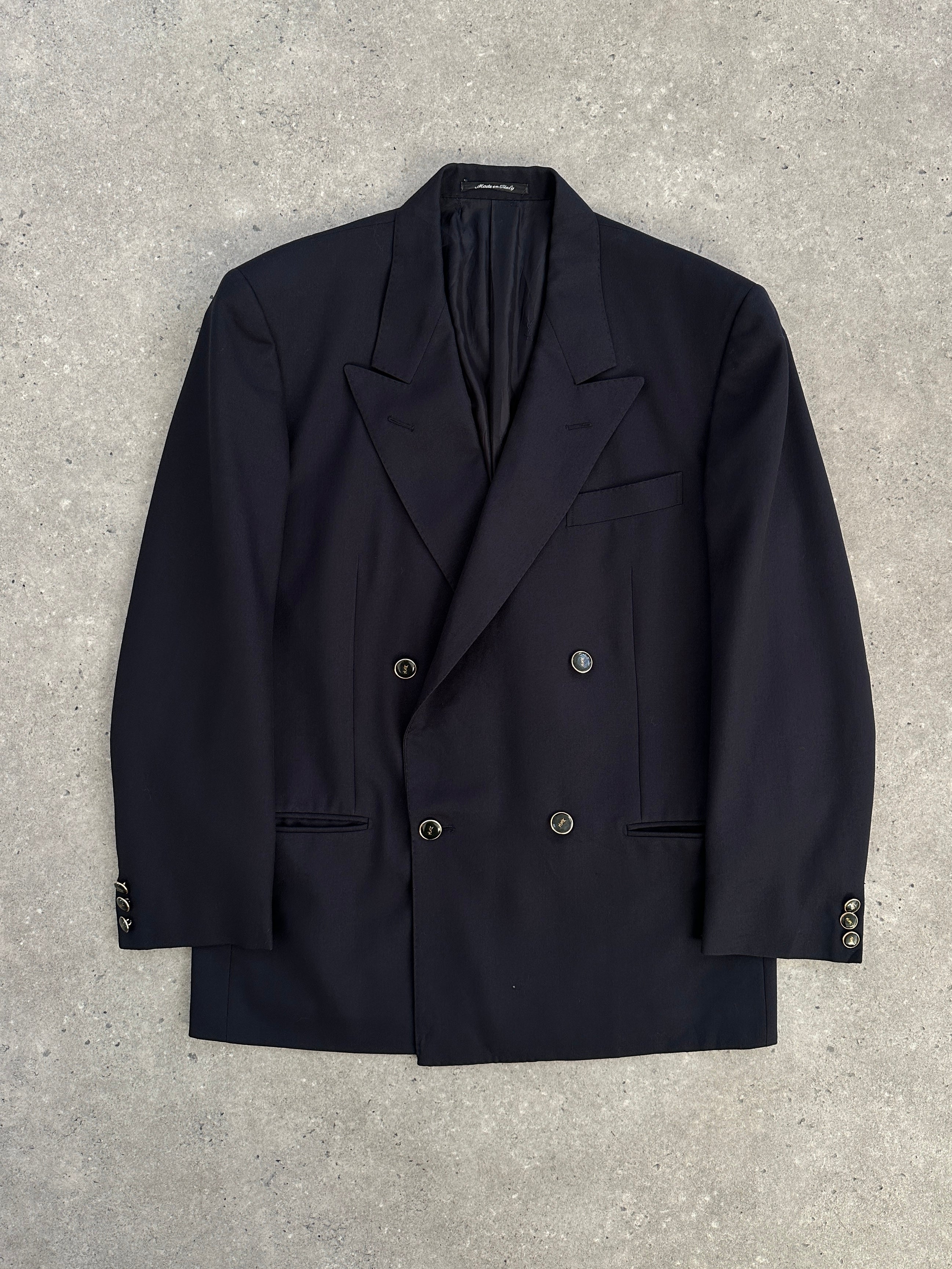 Yves Saint Laurent 1990s bespoke button wool double-breasted blazer in navy, size 38R/M, tailored fit with classic lapels.