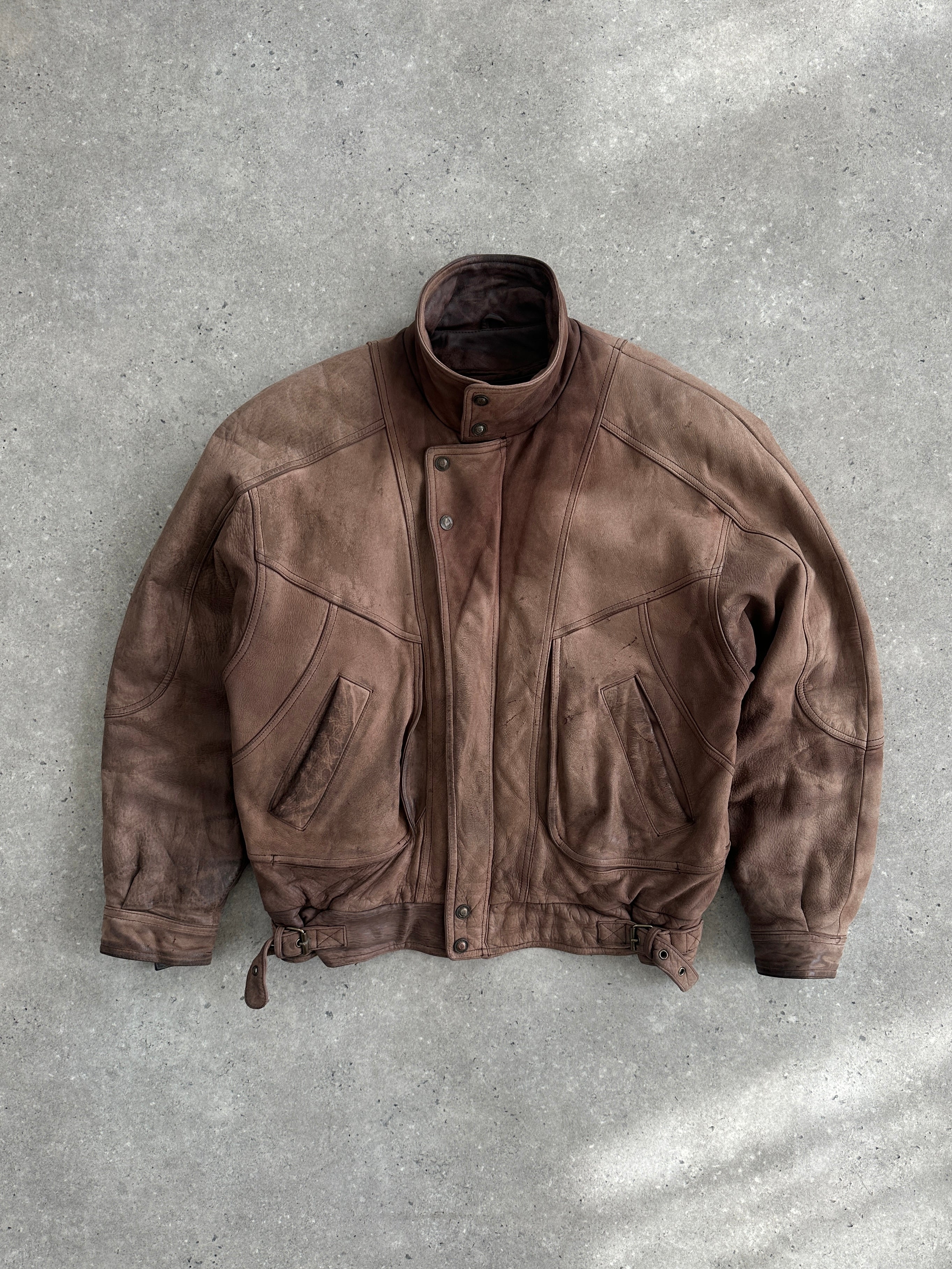 Vintage 1990s high neck leather bomber jacket in aged brown leather, size large, with ribbed cuffs and collar.