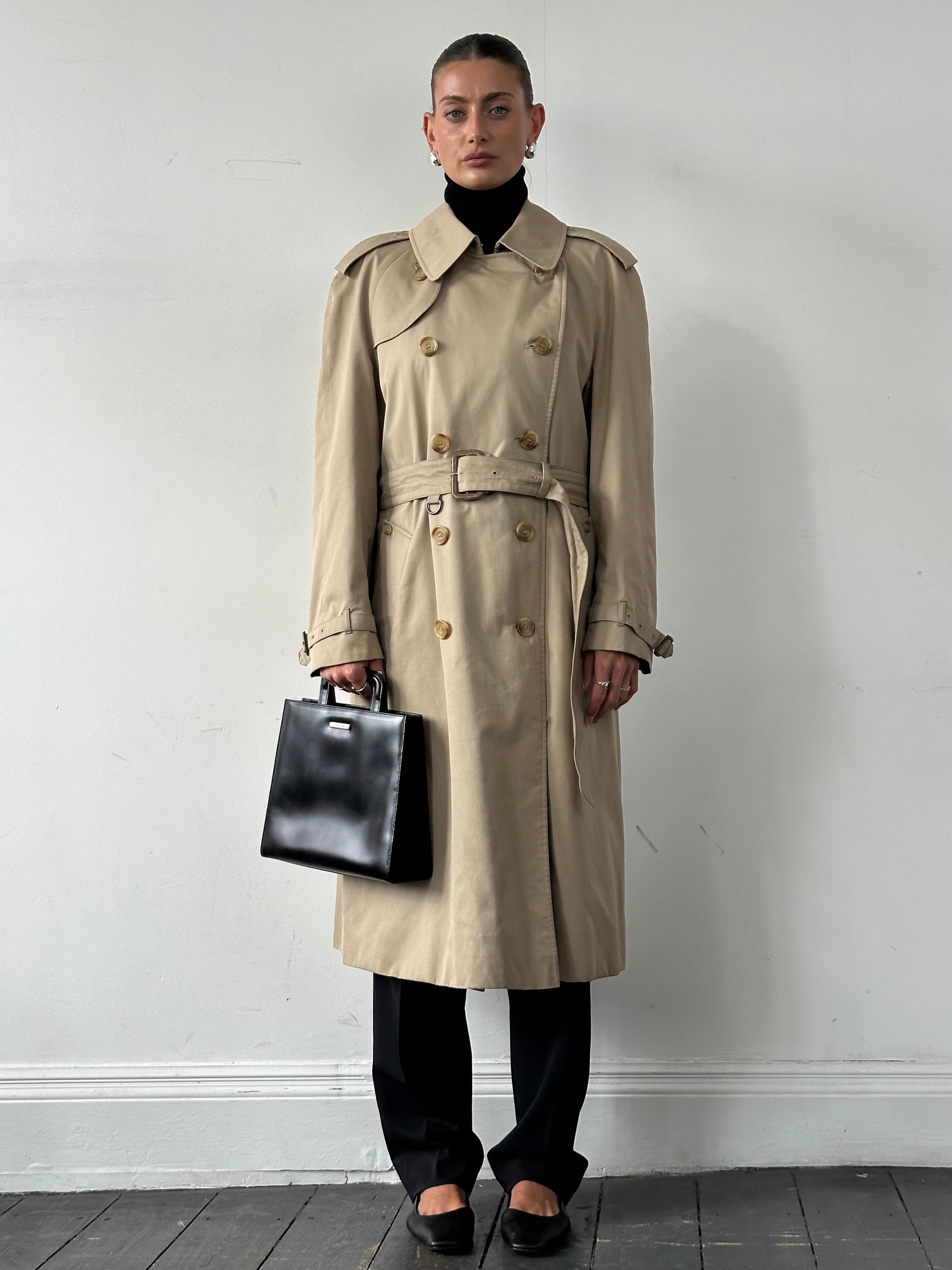 Aquascutum cotton double-breasted belted trench coat in XL, beige color, with classic design and button details.