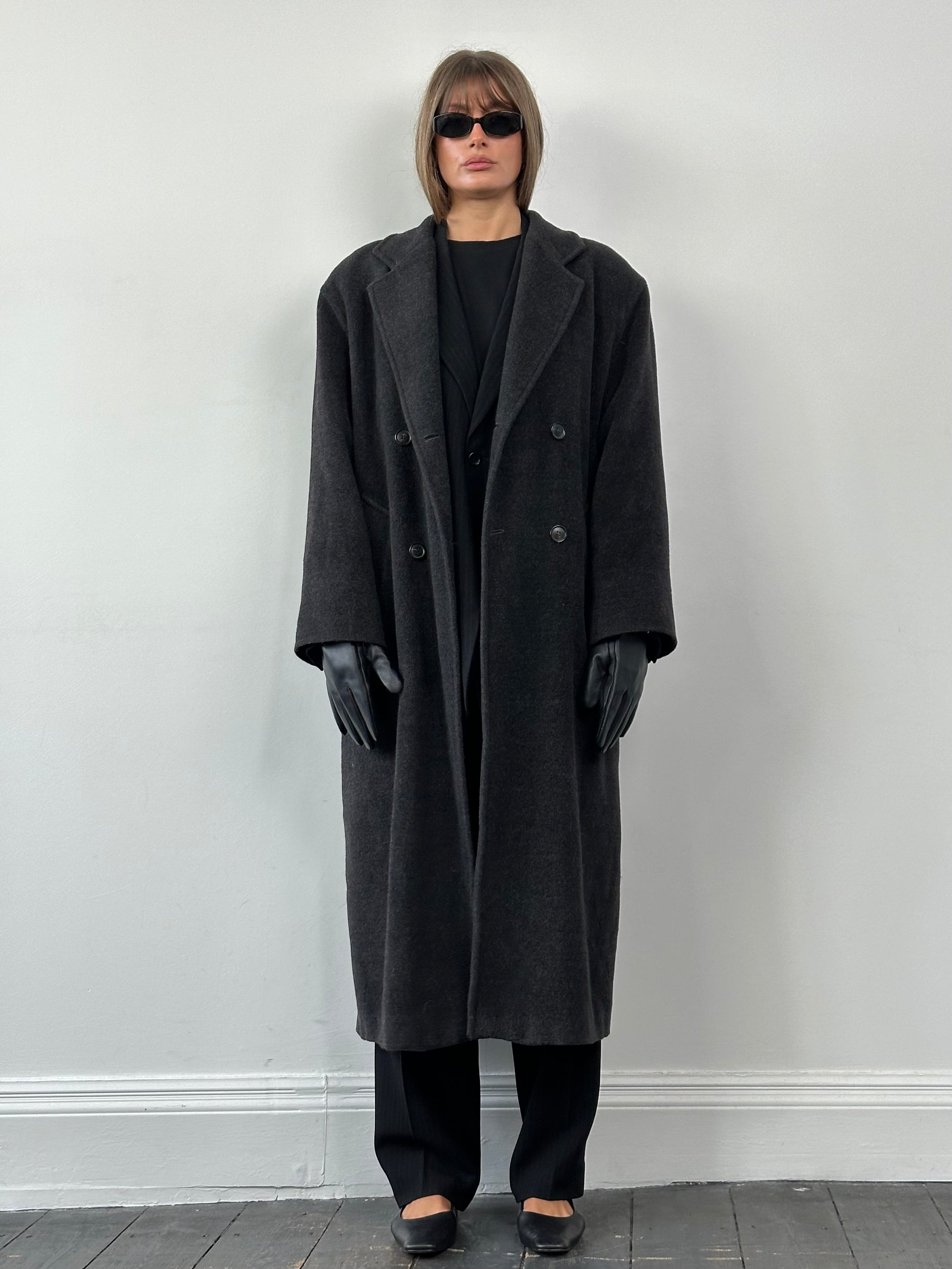 Marella wool cashmere double-breasted floor-length coat in XL, featuring a classic design with large buttons and tailored fit.