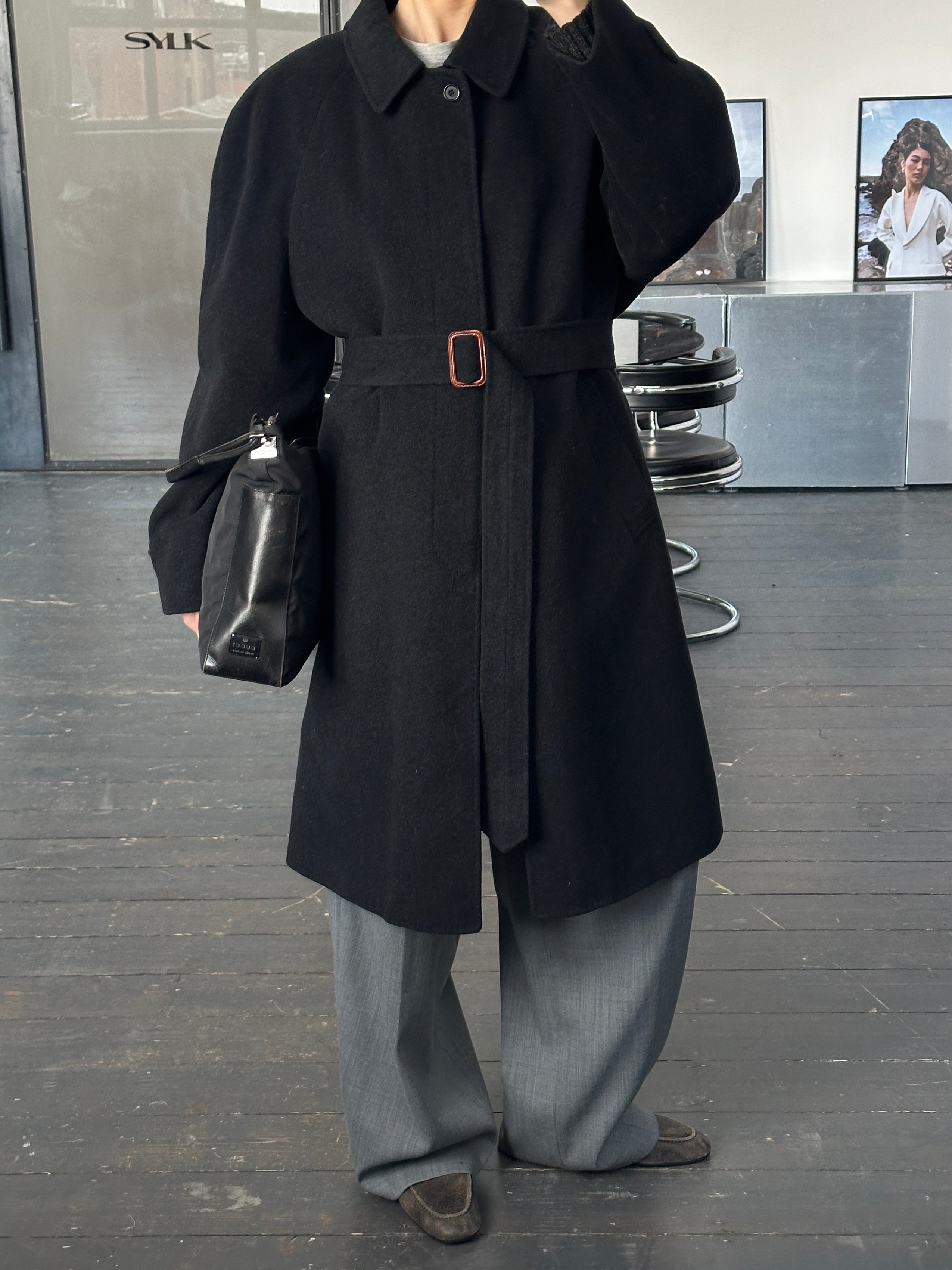 Vintage Italian 1990s wool and cashmere belted coat in XXL, classic retro style with tailored fit and textured fabric.